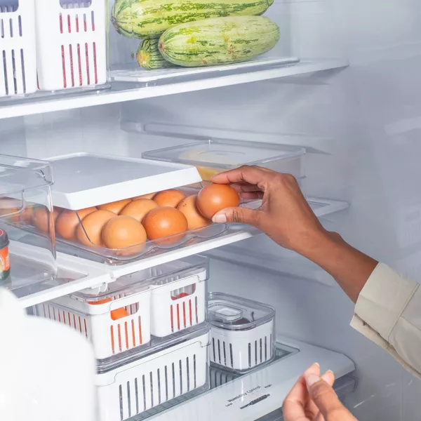 OU Egg Holder for Fridge, BPA Free Rolling Egg Organizer, Clear Stackable Refrigerator Storage Container for Kitchen