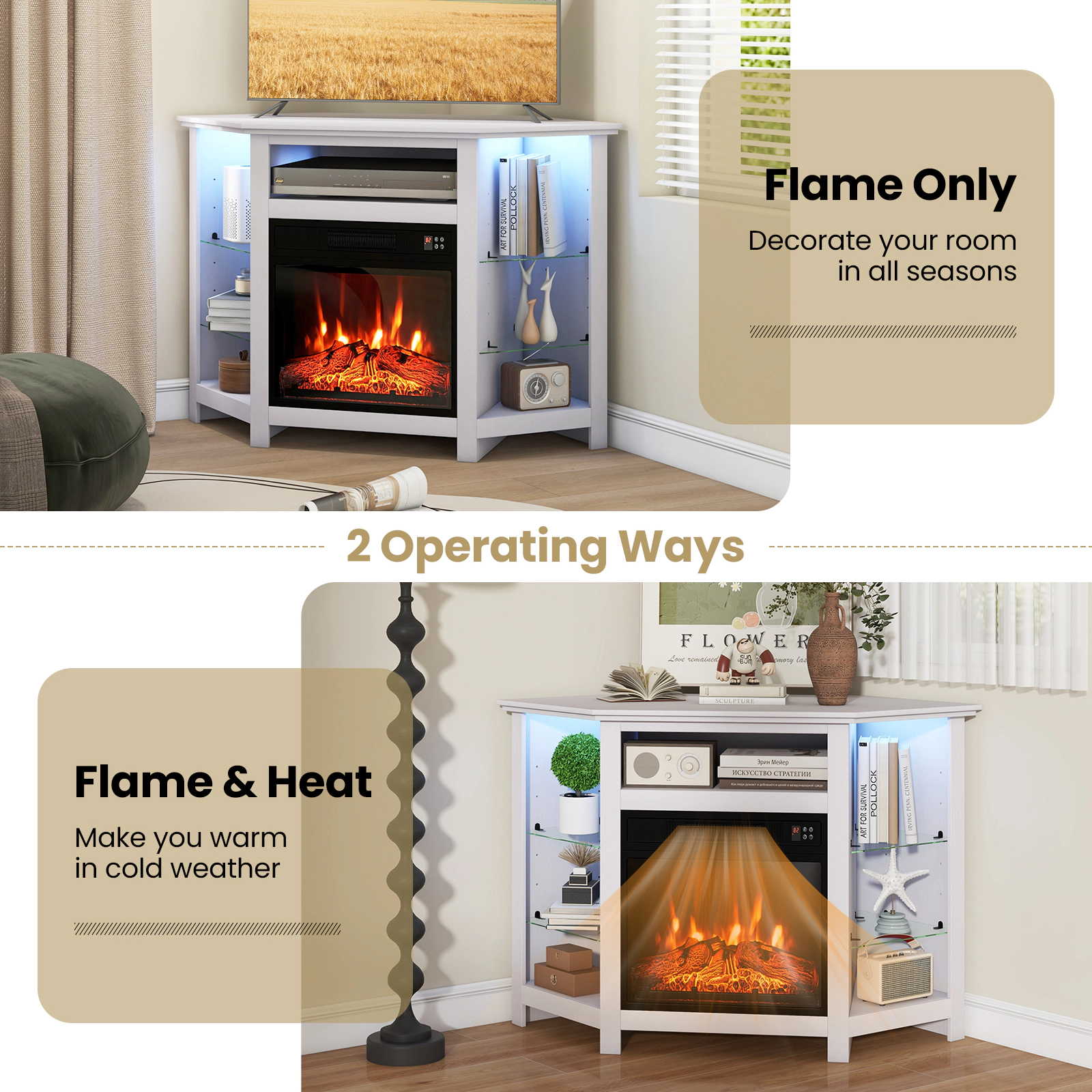 Hivvago Fireplace Corner TV Stand with LED Lights and Smart APP Control for 50 Inches TV