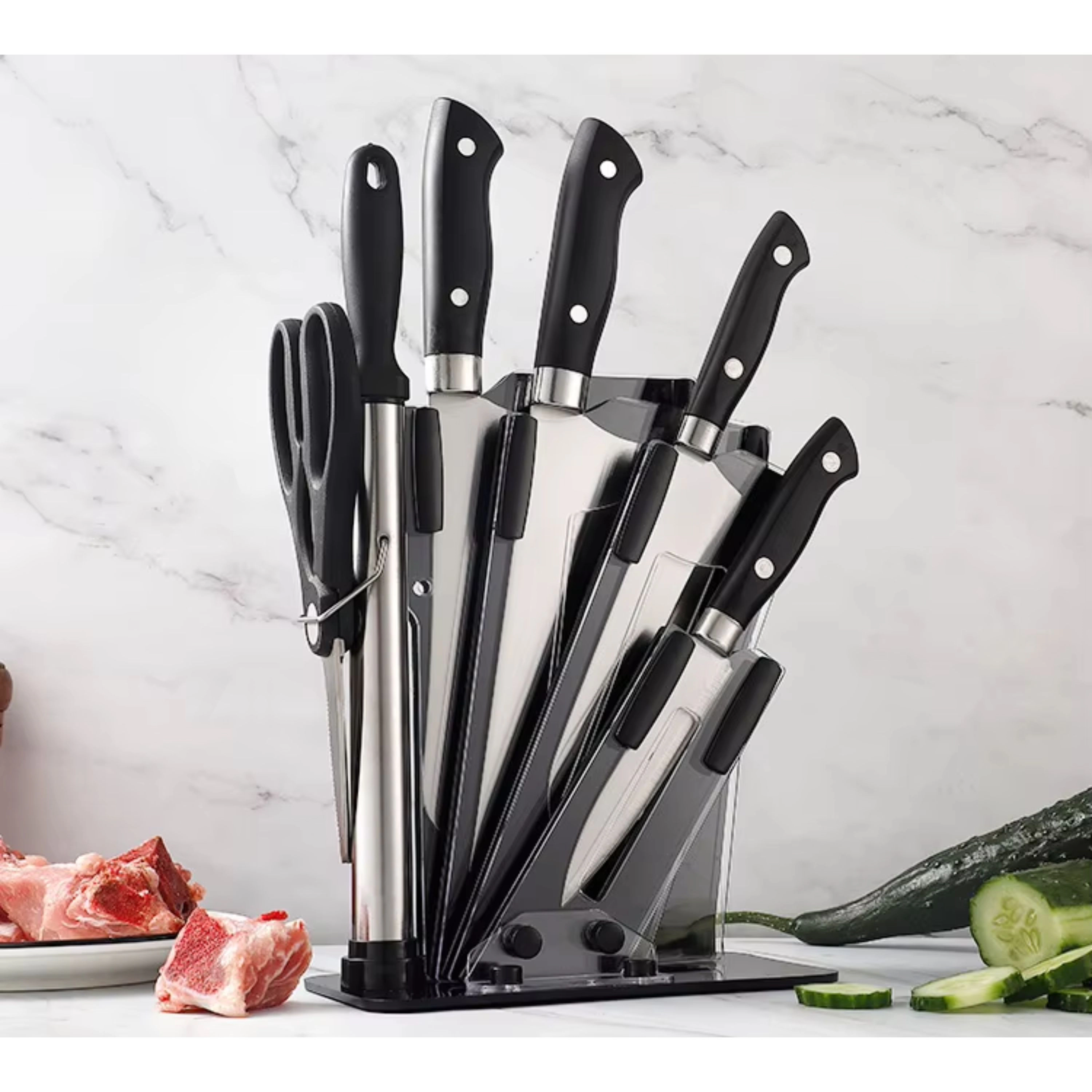 Kitcheniva 7-Piece Stainless Steel Knife Set With Plastic Block And Handle