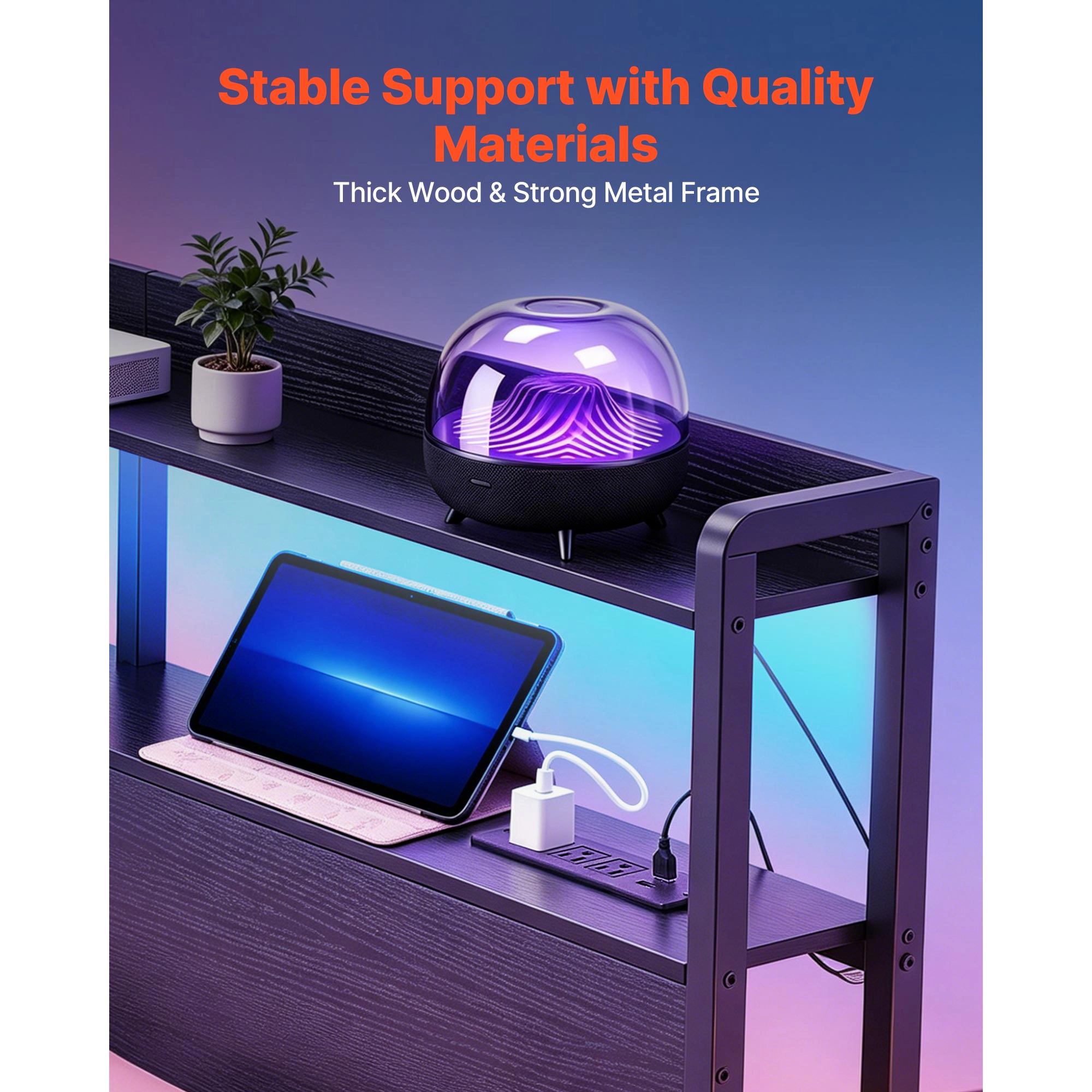 HONGGE Headboard for Bed with 2 Storage Shelves LED Light 3 Outlets and 3 USB Ports Sturdy and Stable Carbon Steel