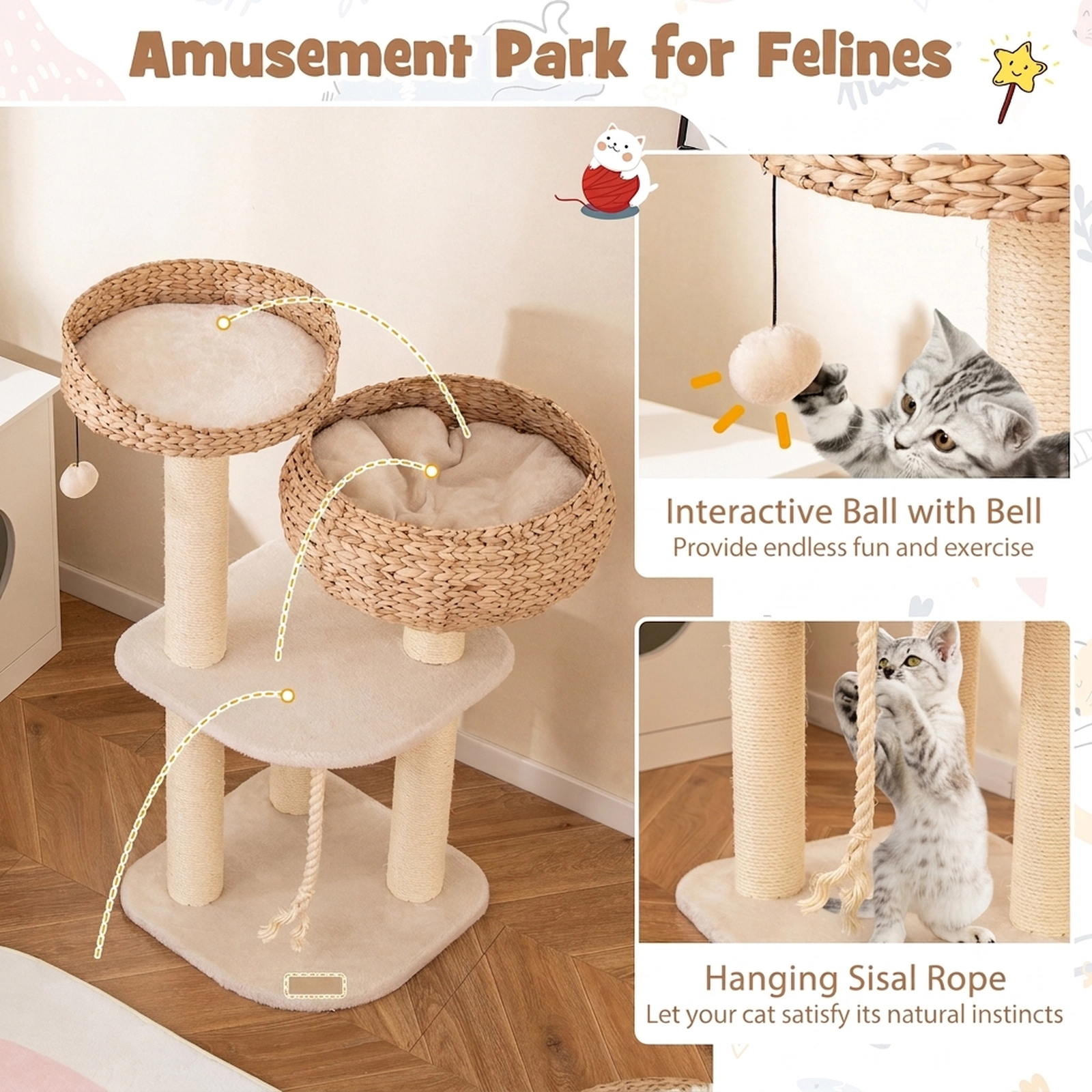 SUGIFT 41-in Rattan Cat Tree Napping Perch 22-lb Capacity Frame with 2 High Rise Basket Beds & Scratching Posts White