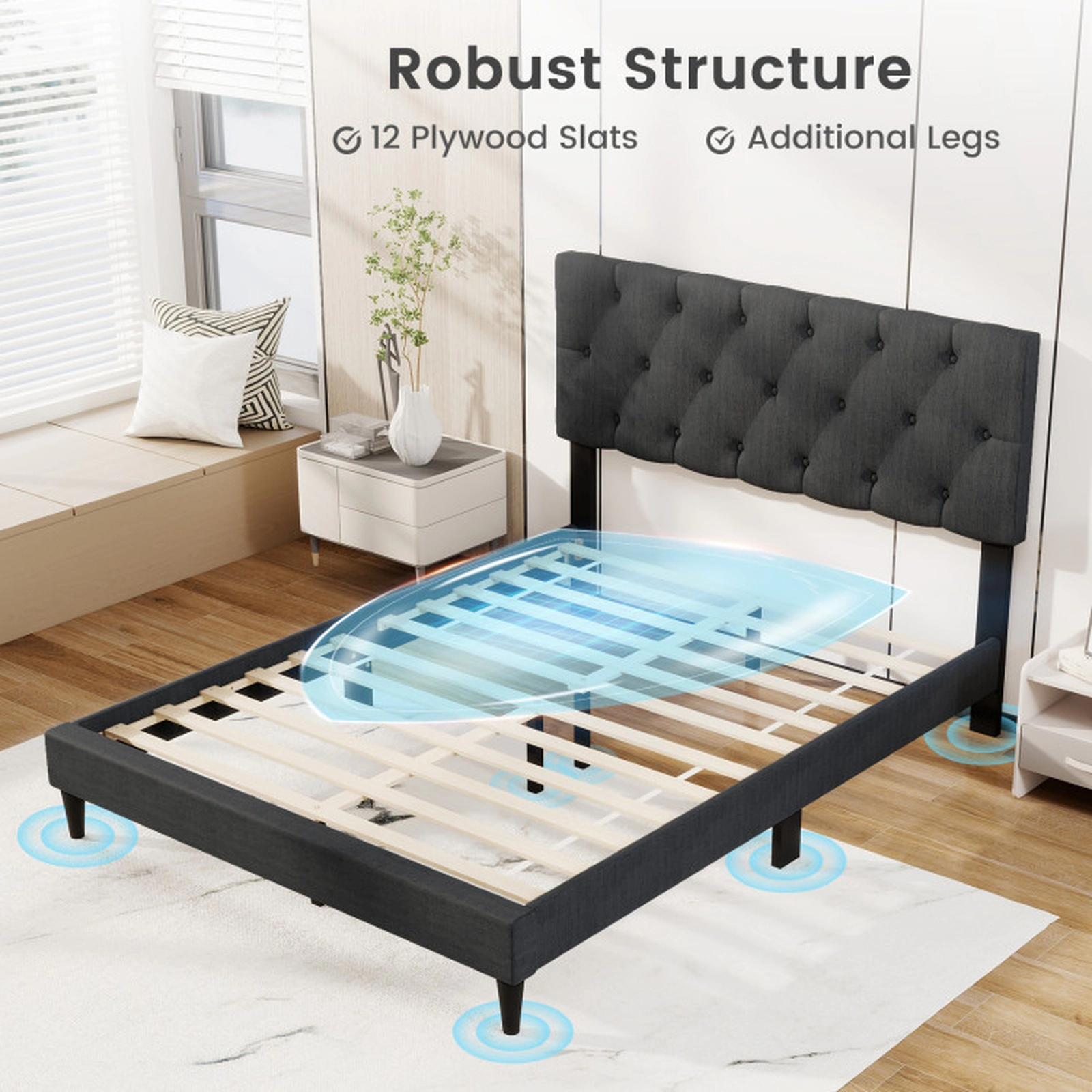 SUGIFT Upholstered Platform Bed with Tufted Headboard and Wooden Slats 800-lb Capacity Full Size Gray