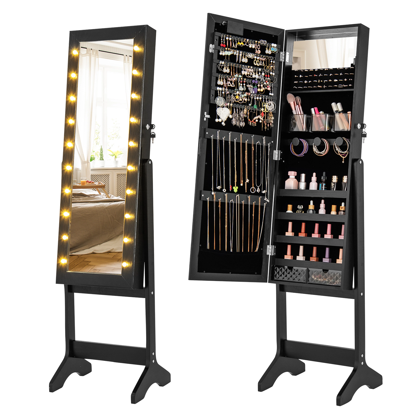SUGIFT 61.5-in Black Full-Length Mirror Jewelry Armoire with 20 Warm Lights 4 Tilt Angles and Velvet Lining