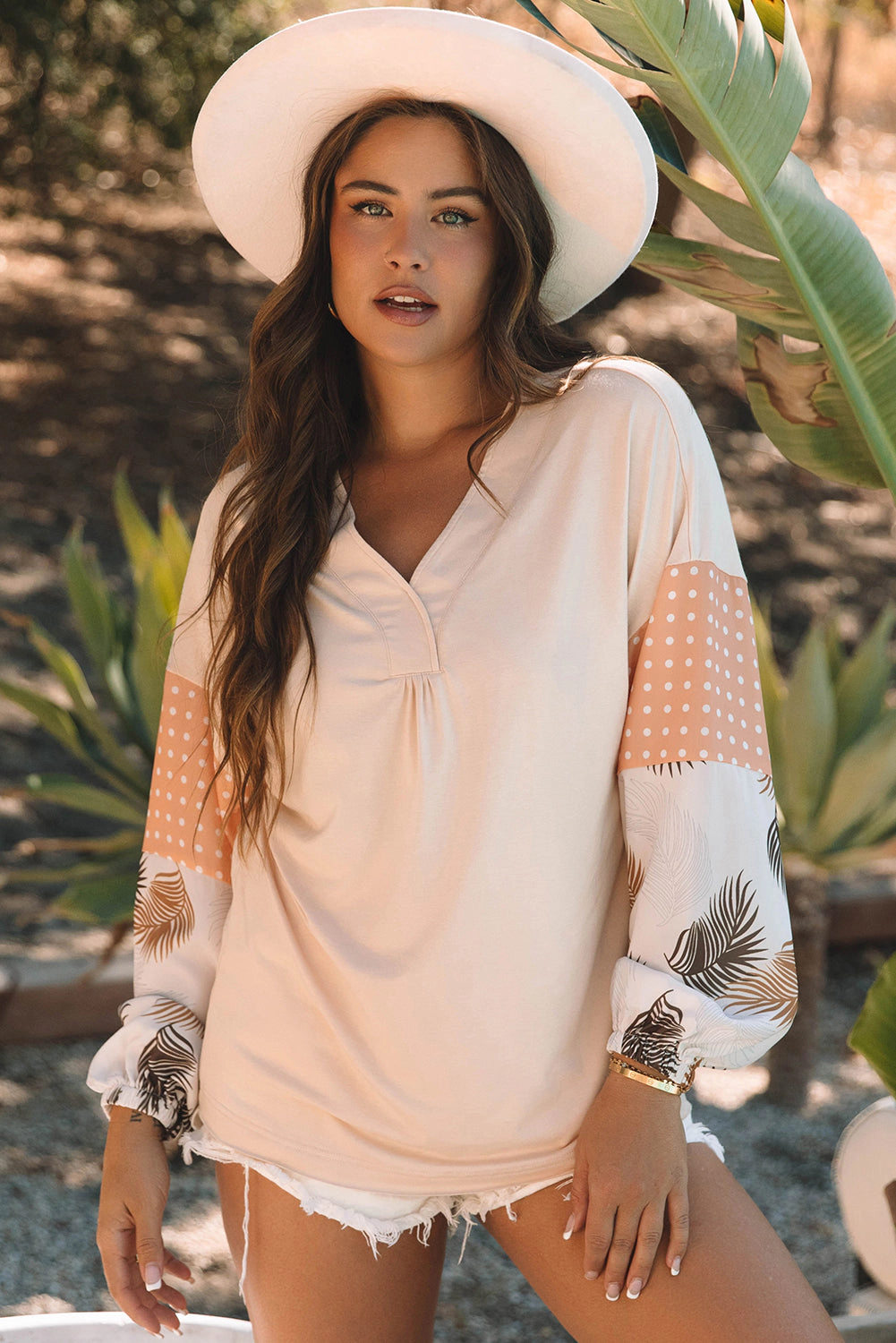 Threaded Pear Women's Alora Palm Leaves Polka Dot Loose Blouse