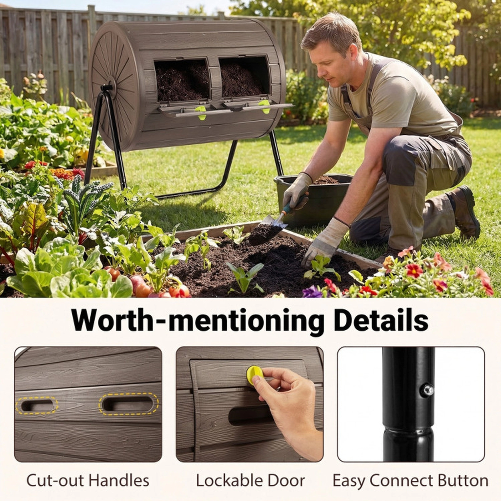 SUGIFT 37.5-gal Coffee Dual Chamber Outdoor Compost Bin Tumbler with 2 Lockable Doors and Wood Grain