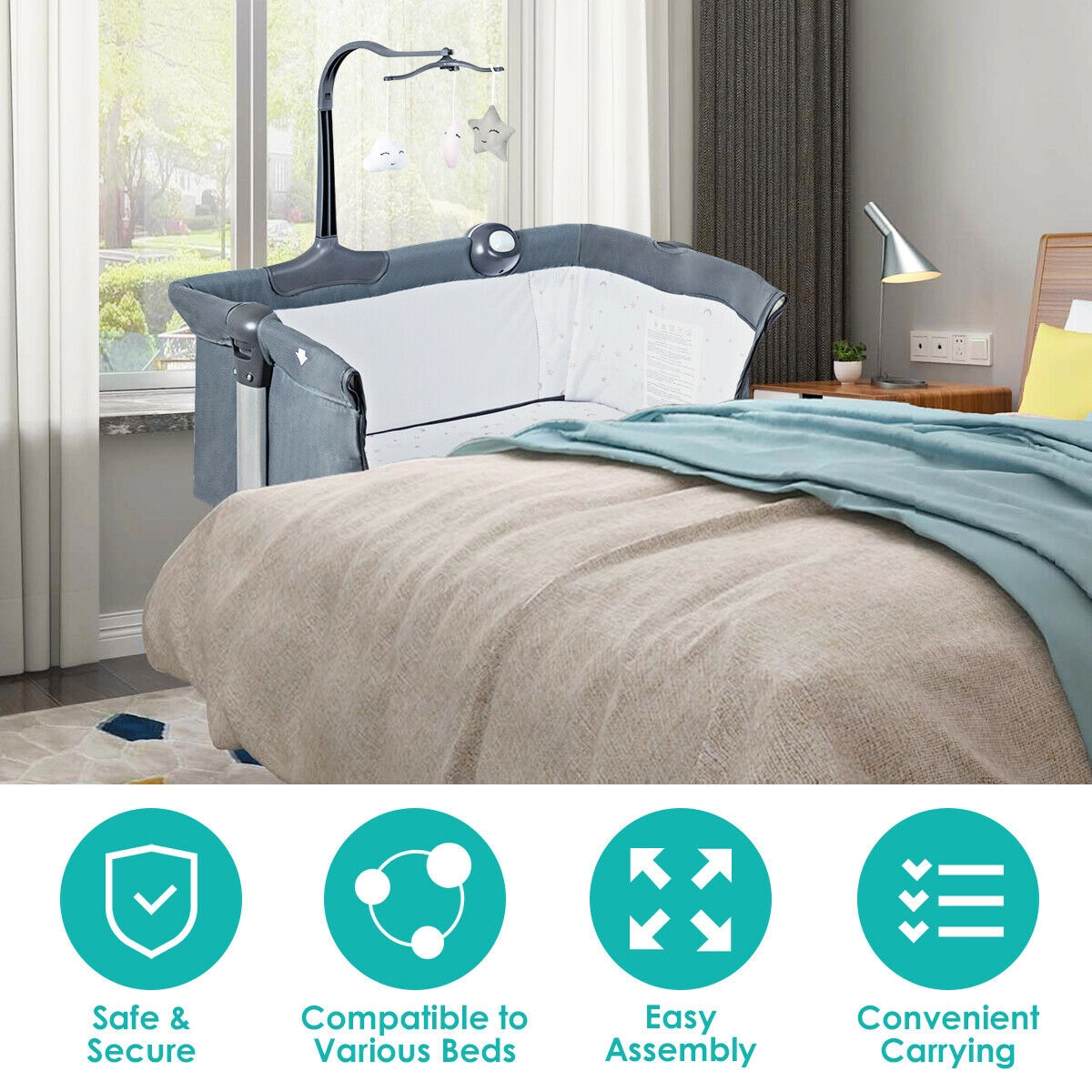 SlickBlue Gray Portable Bedside Bassinet with Adjustable Height and Mesh Sides