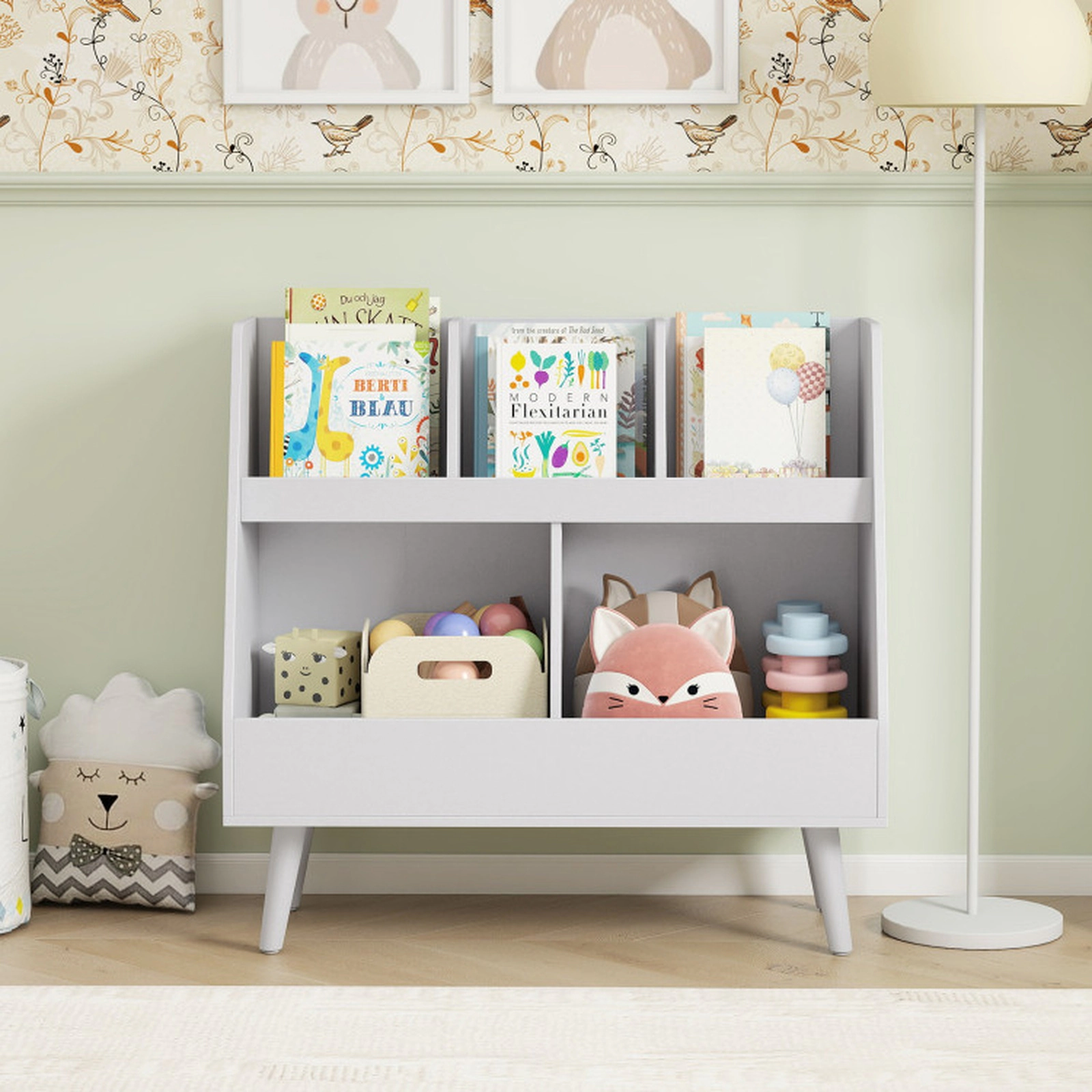 SUGIFT 5-Cube Kids Bookshelf and Toy Organizer with Anti-Tipping Kits Light Gray