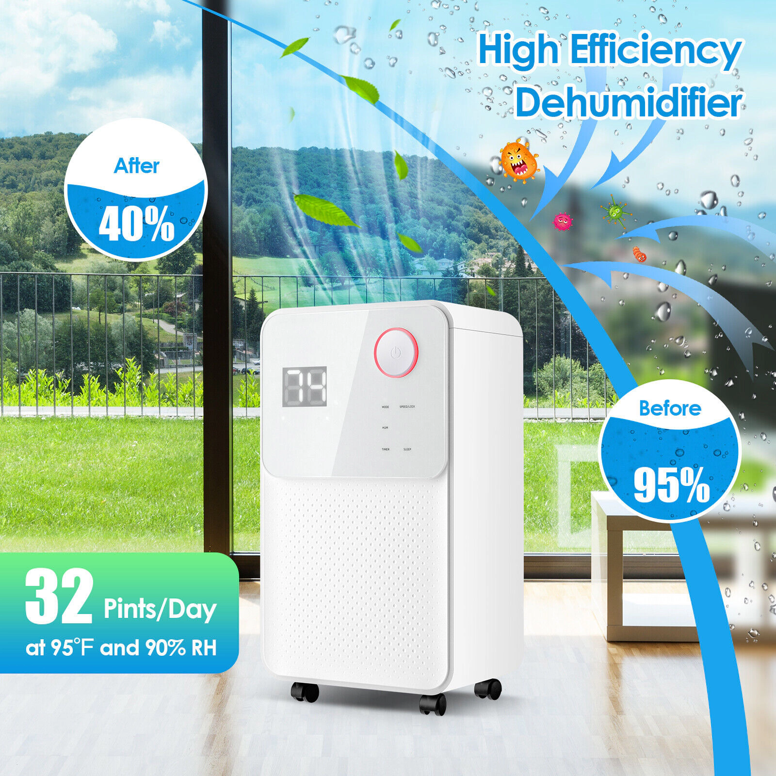 SlickBlue Home Dehumidifier with 32 Pint Capacity, LED Display and Auto Drain System