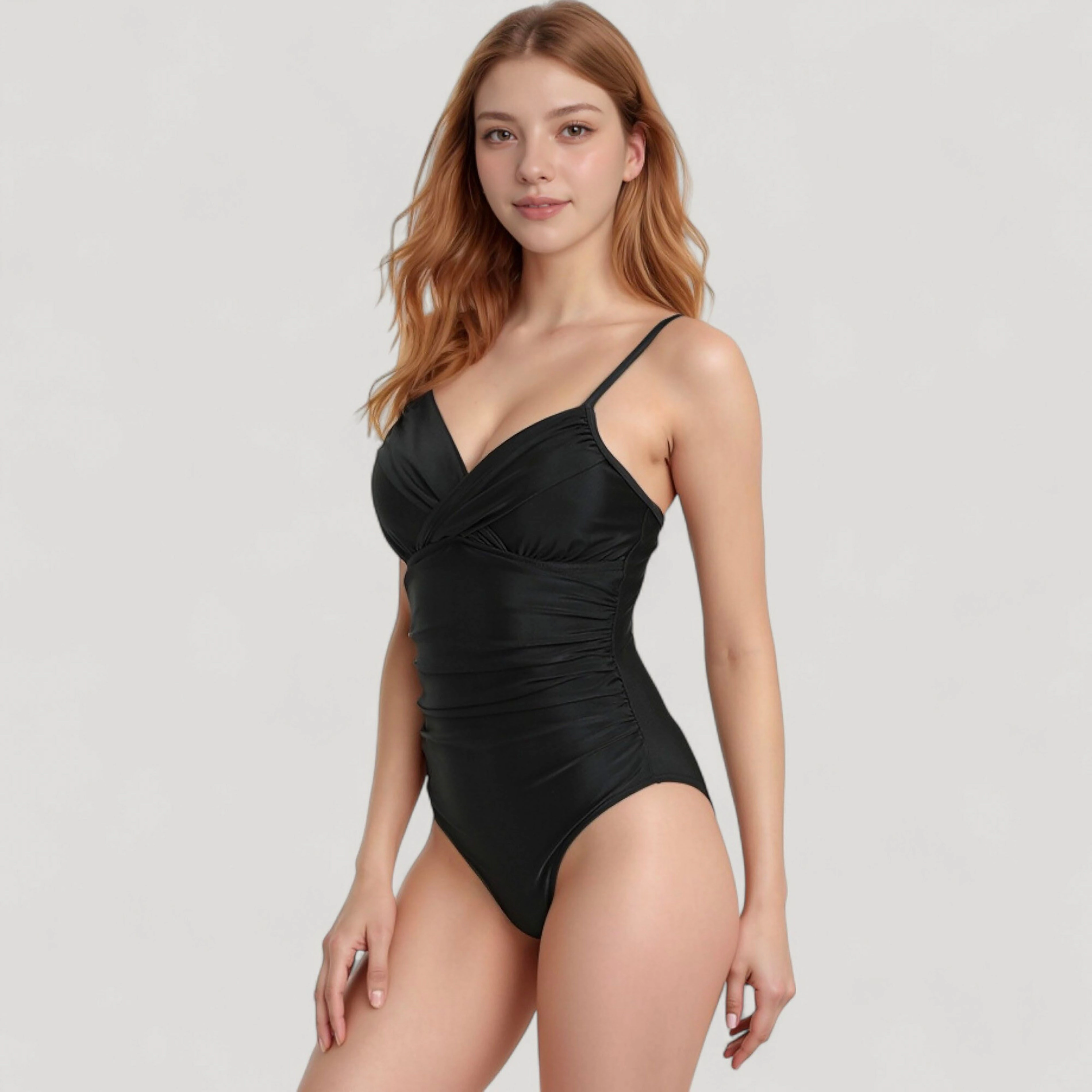 Anna-Kaci Women's One-Piece Swimsuit with Ruched Waist and V-Neck Wrap Front Adjustable Spaghetti Straps