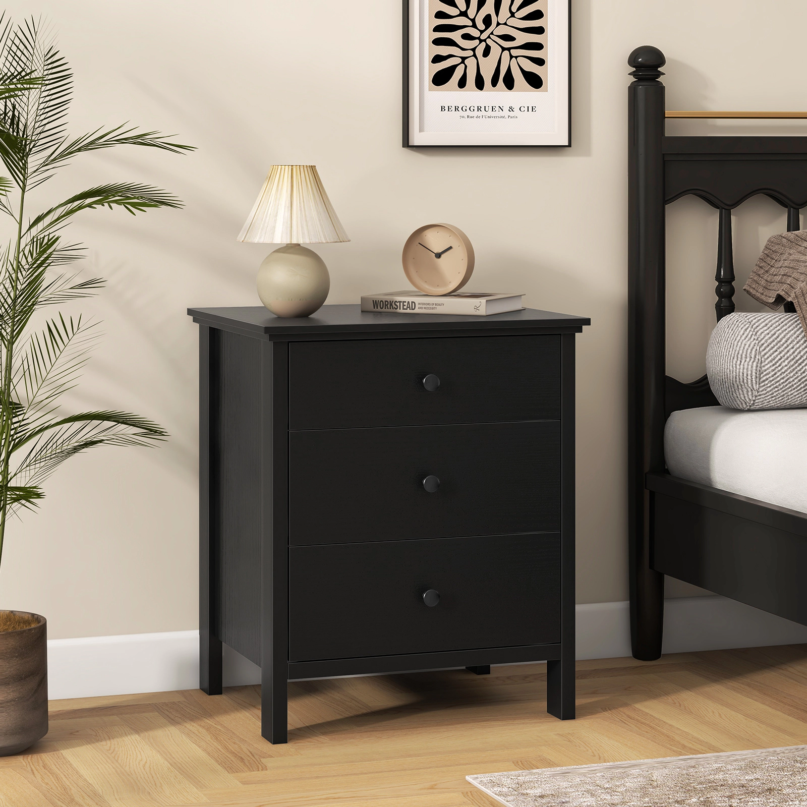 Hivvago Wooden Nightstand with Three Storage Drawers