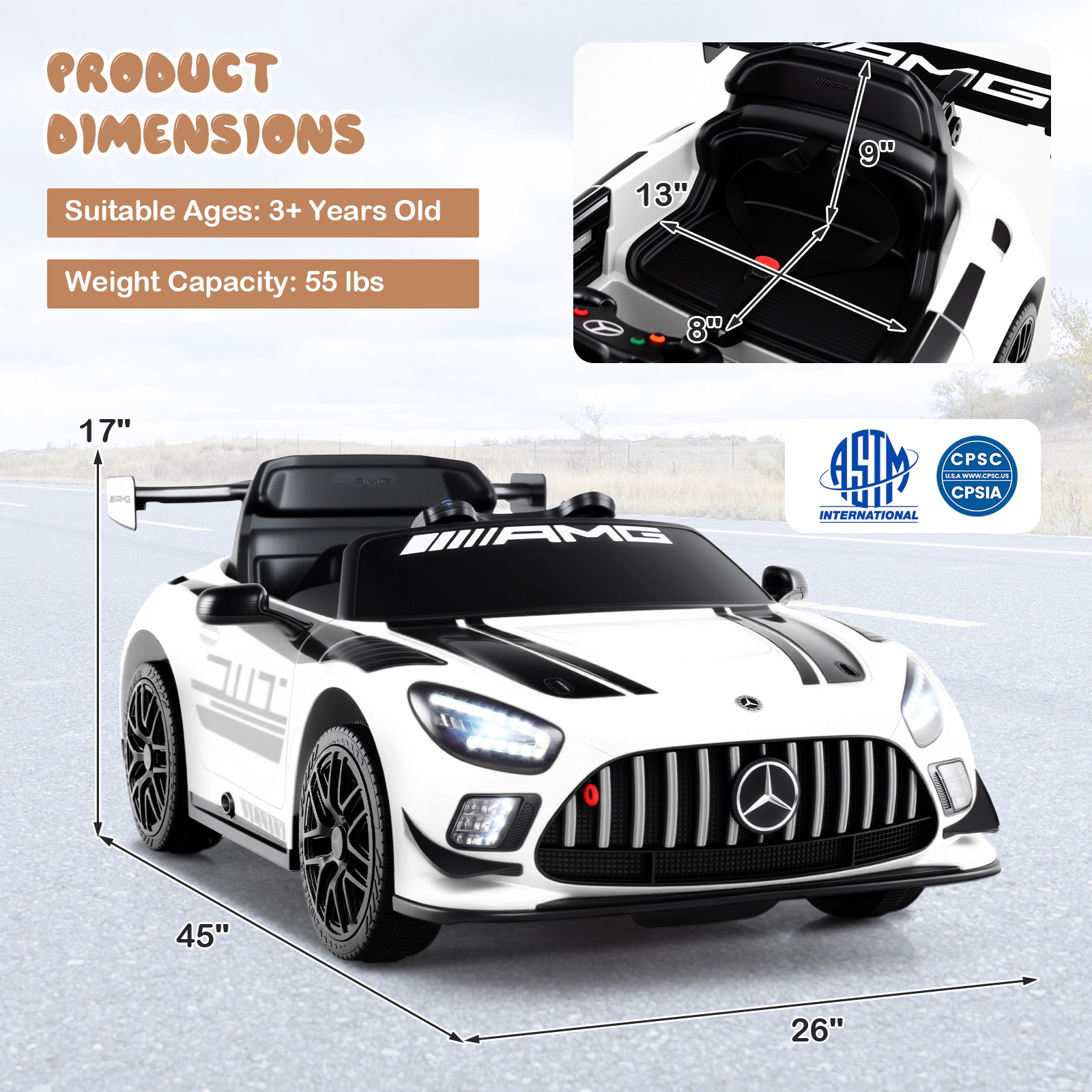 12V Kids Ride On Race Car Parent Remote Emergency Brake 3-Point Safety Belt Lockable Doors LED Lights Ages 3+ White