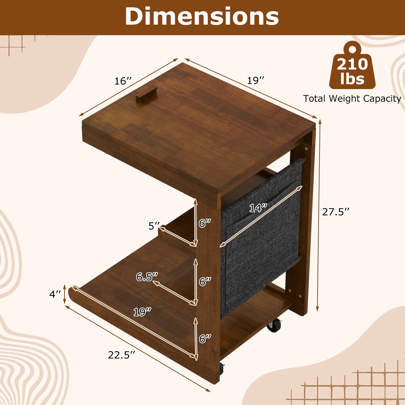 SUGIFT Brown Rolling C-Shaped Side Table with Tilting Laptop Desk and 3 Shelves