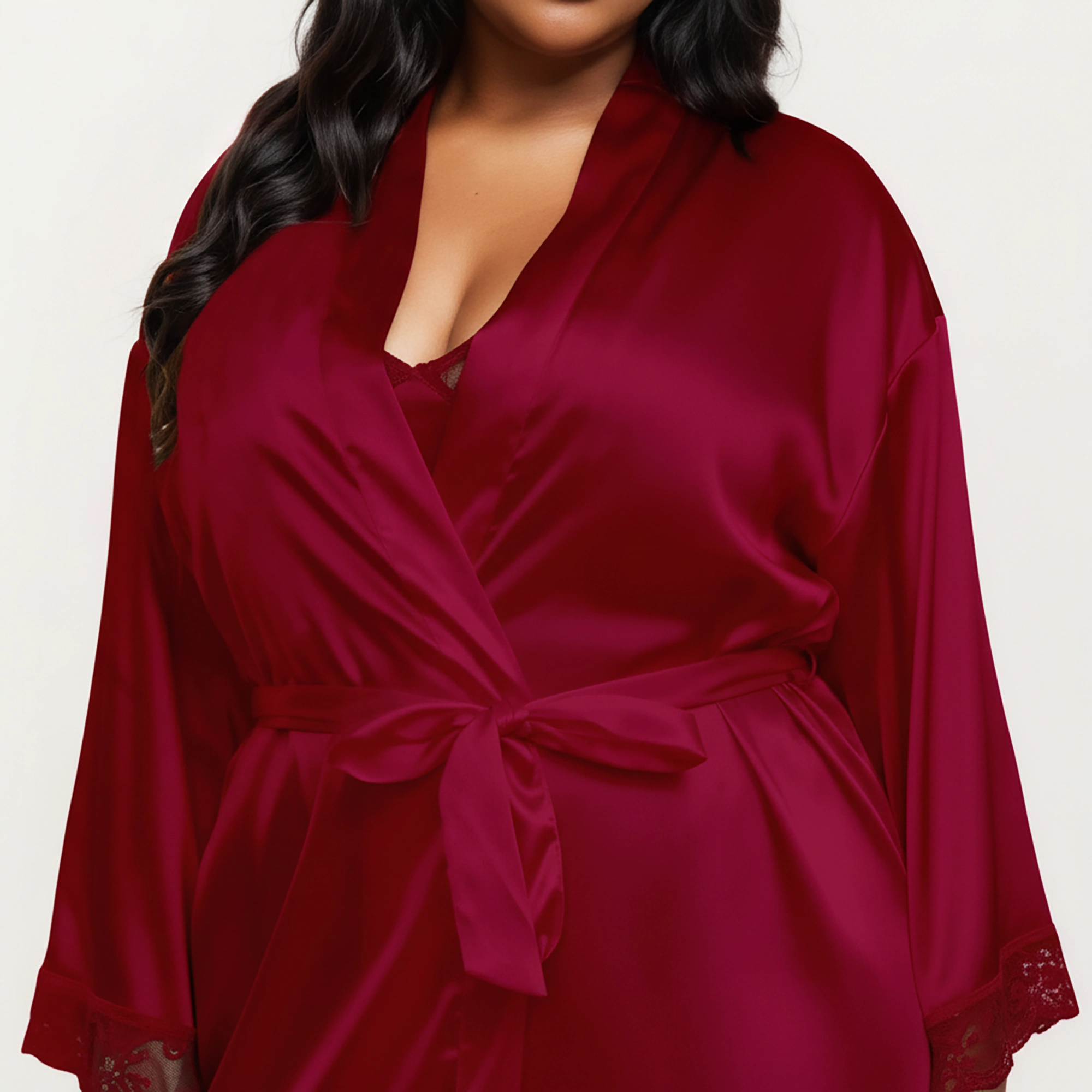 Anna-Kaci Women's Plus Size Satin Robe and Slip Set with Soft Lace Trim on Sleeves and Delicate Sheen