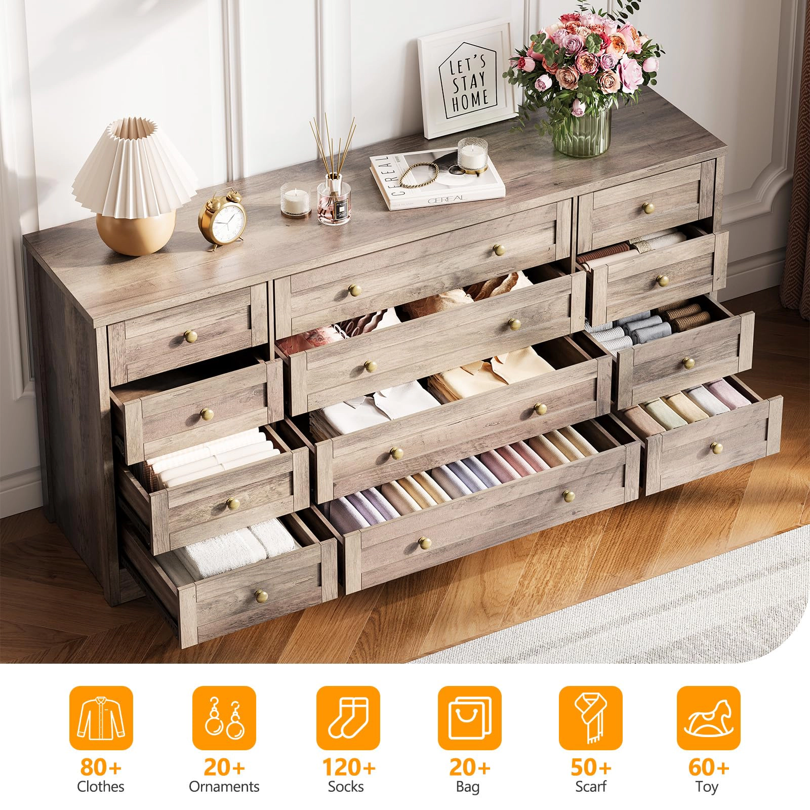 BebreezChic Modern 12-Drawer Wide Dresser TV Stand,GRAY