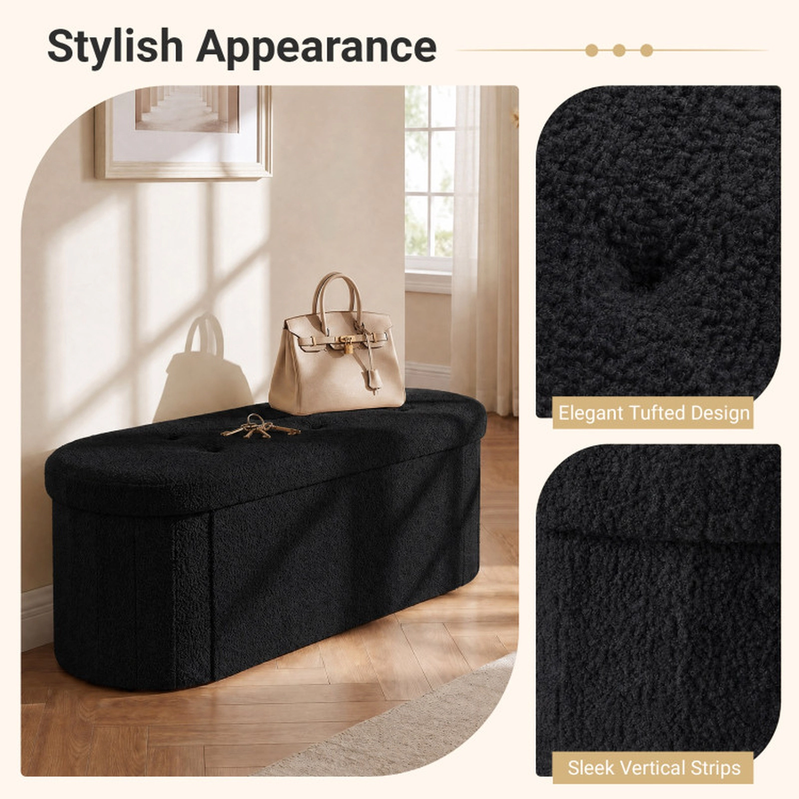 SUGIFT 43-in Teddy Fleece Storage Ottoman Bench with 3 Compartments 330-Lb Capacity Black for Living Room and Bedroom