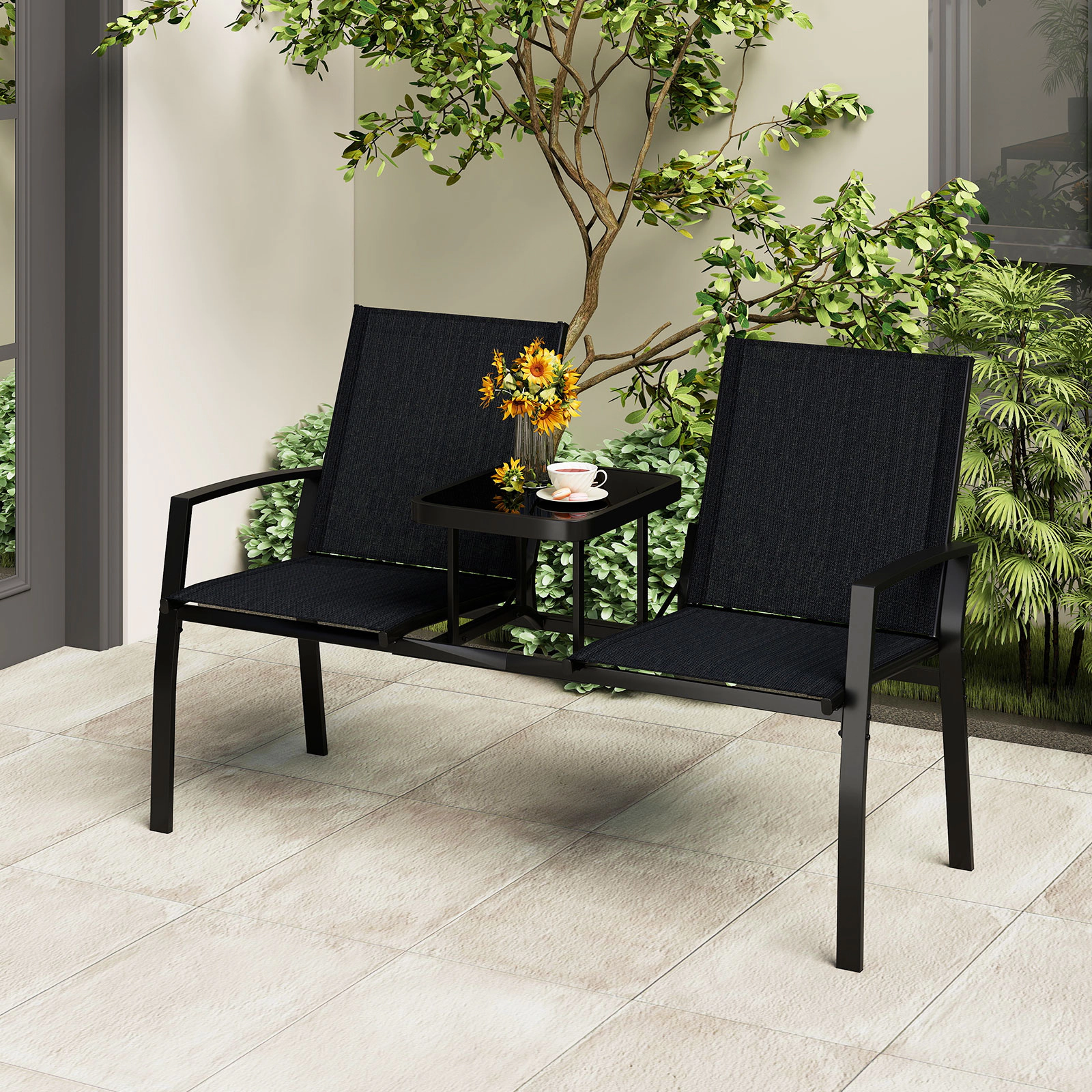 LJG Patio Loveseat with Built-in Table with Breathable Fabric Back