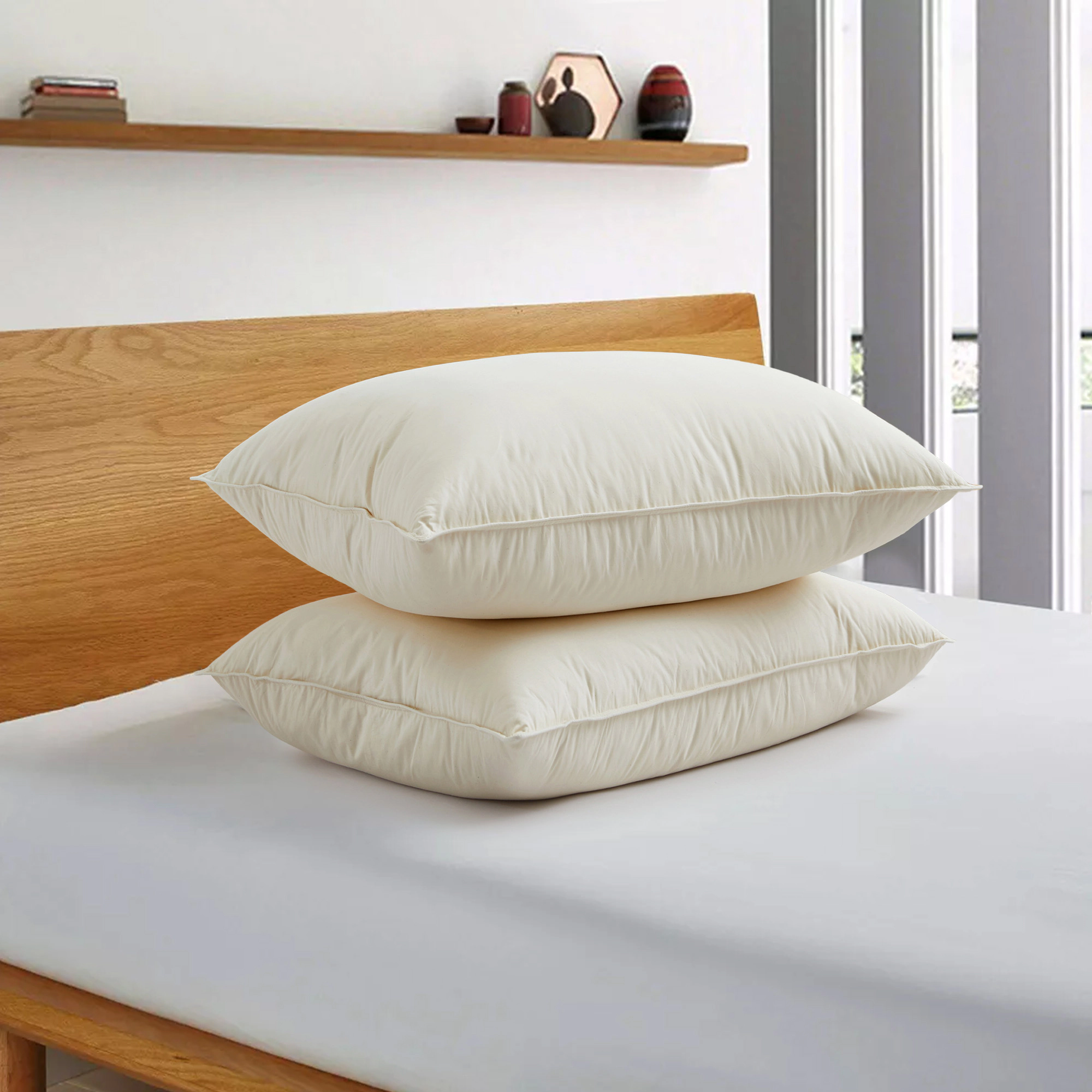 Unikome 300TC Organic Cotton White Down Feather Bed Pillow, pillow-in-a-pillow design, Set of 2 for Luxurious Comfort