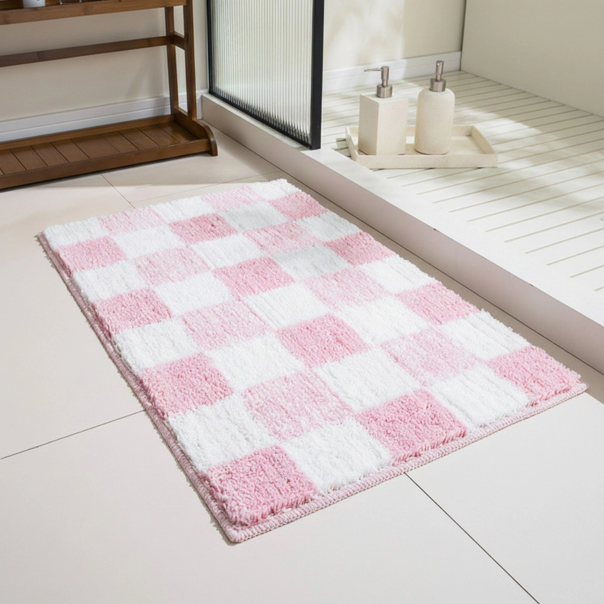 Alilang Unisex Plush Absorbent Bathroom Floor Mat with Grid Pattern Soft Textured Bath Rug for Shower Tub and Sink Areas