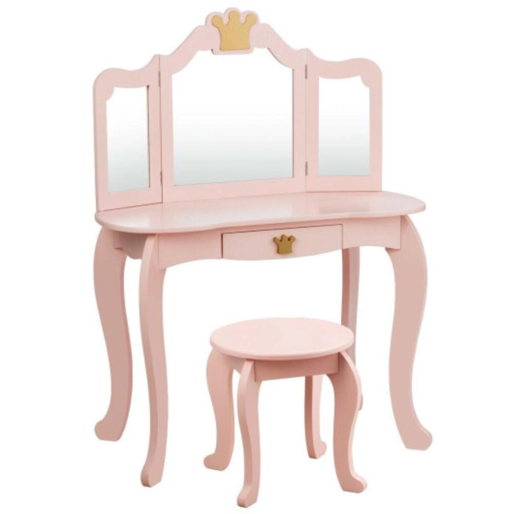 Hivvago Kids Makeup Dressing Table With Tri-Folding Mirror And Stool