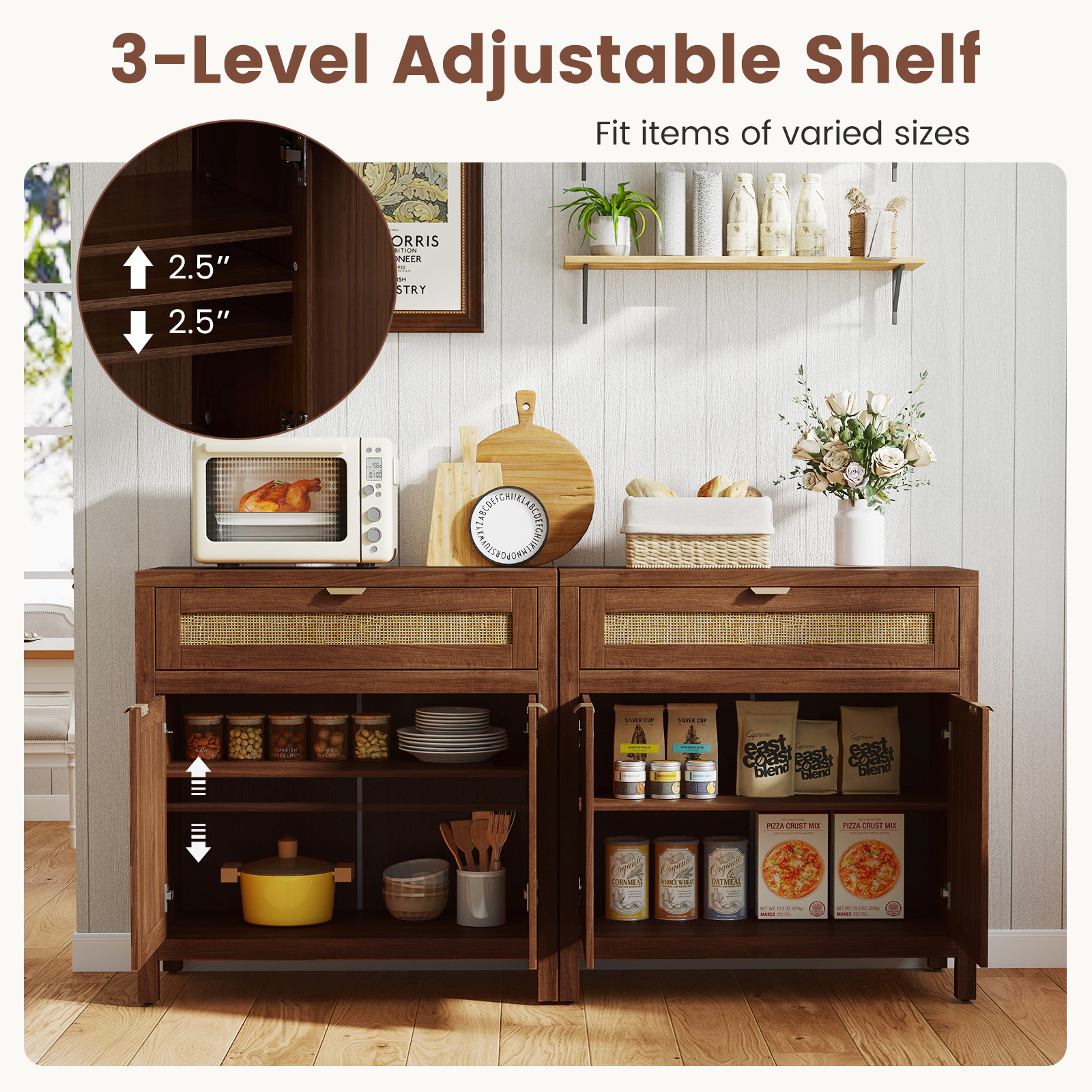 SUGIFT Sideboard Storage Cabinet with Rattan Doors and Drawer 155-lb Countertop Capacity 31-in Wide Brown Natural