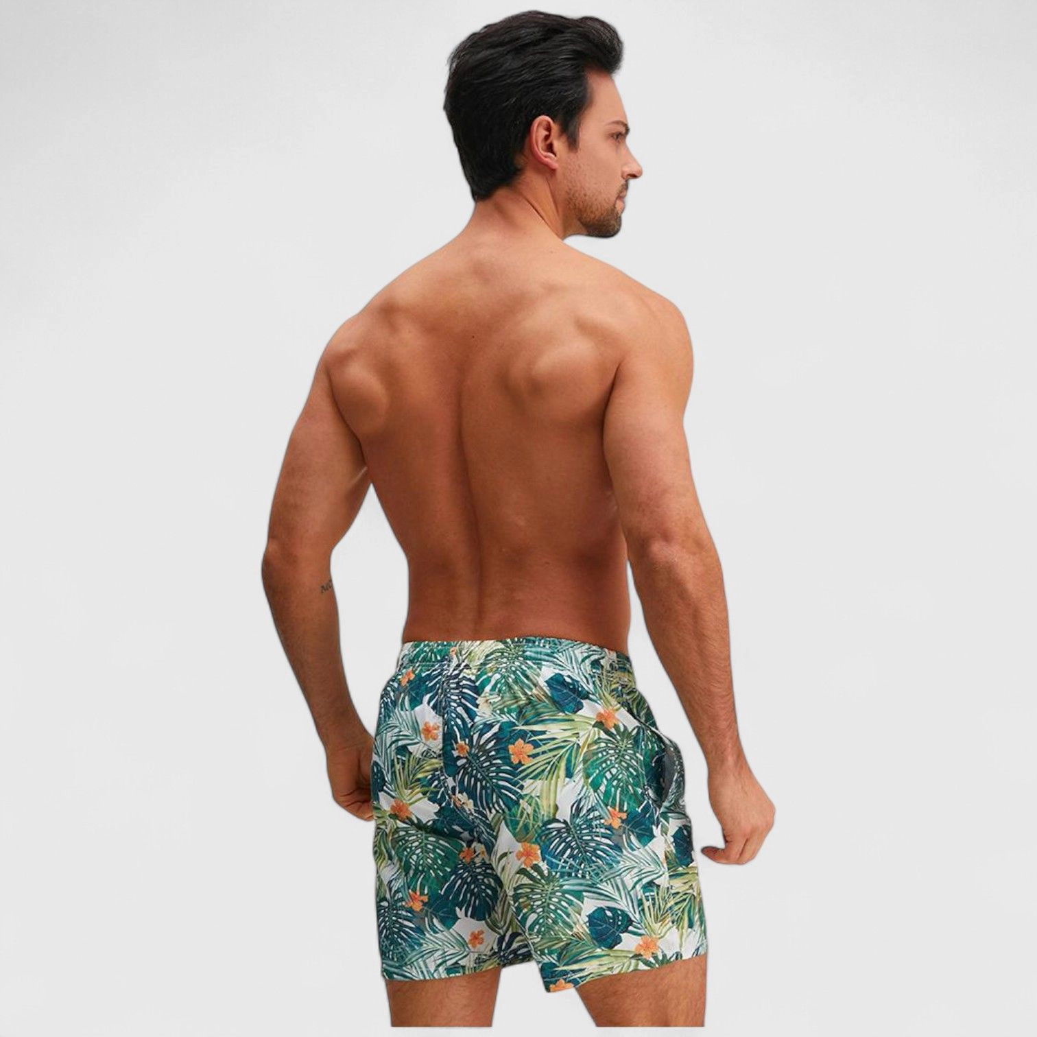Anna-Kaci Men's Tropical Leaf Print Swim Trunks with Elastic Waistband and Mesh Lining