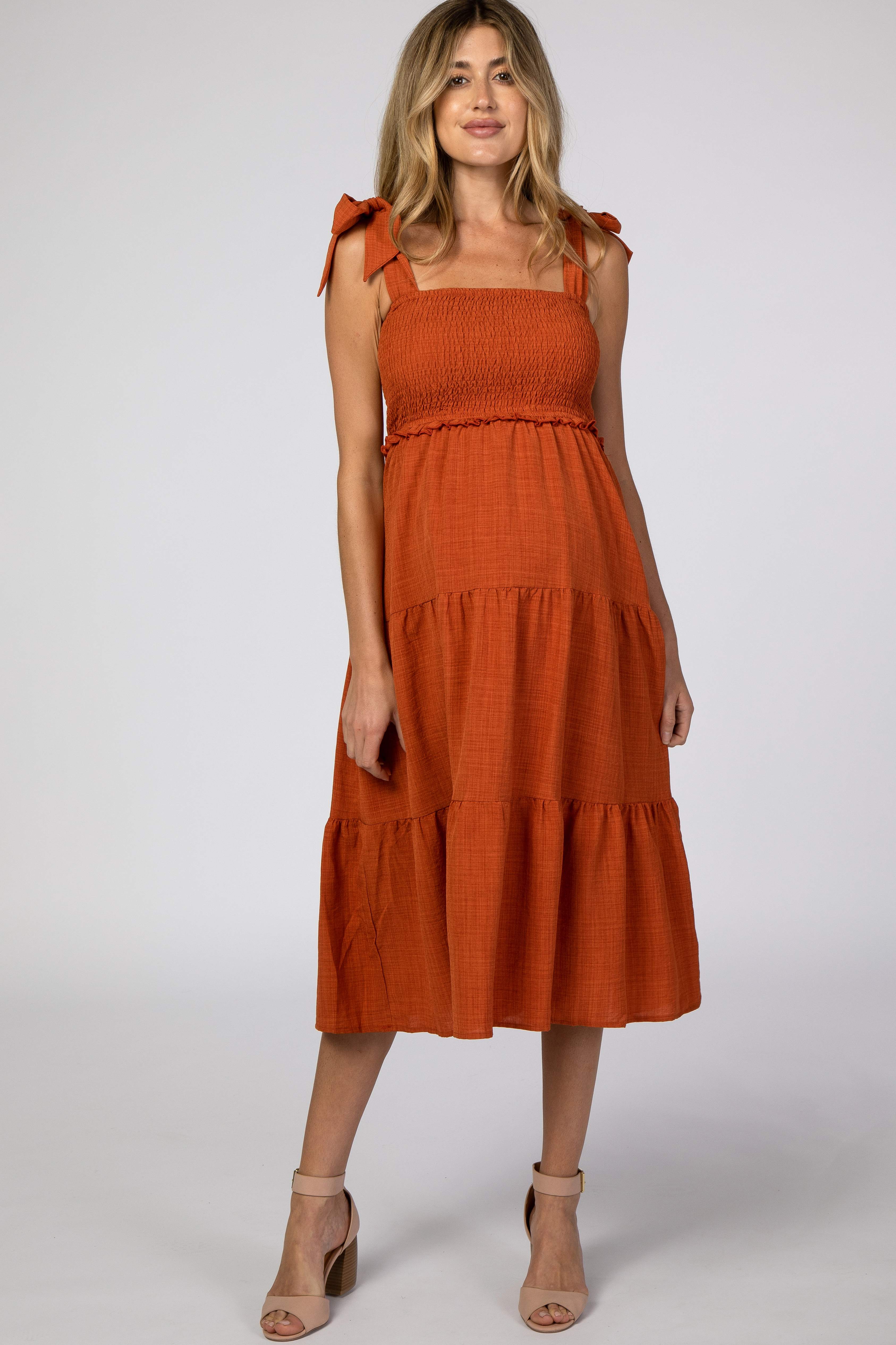 PinkBlush Womens Rust Bow Strap Tiered Maternity Midi Dress