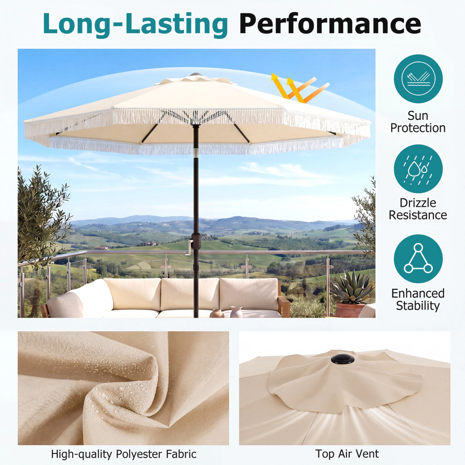 SlickBlue 9 FT Outdoor Patio Umbrella with Tilt Function and Tassel Fringe