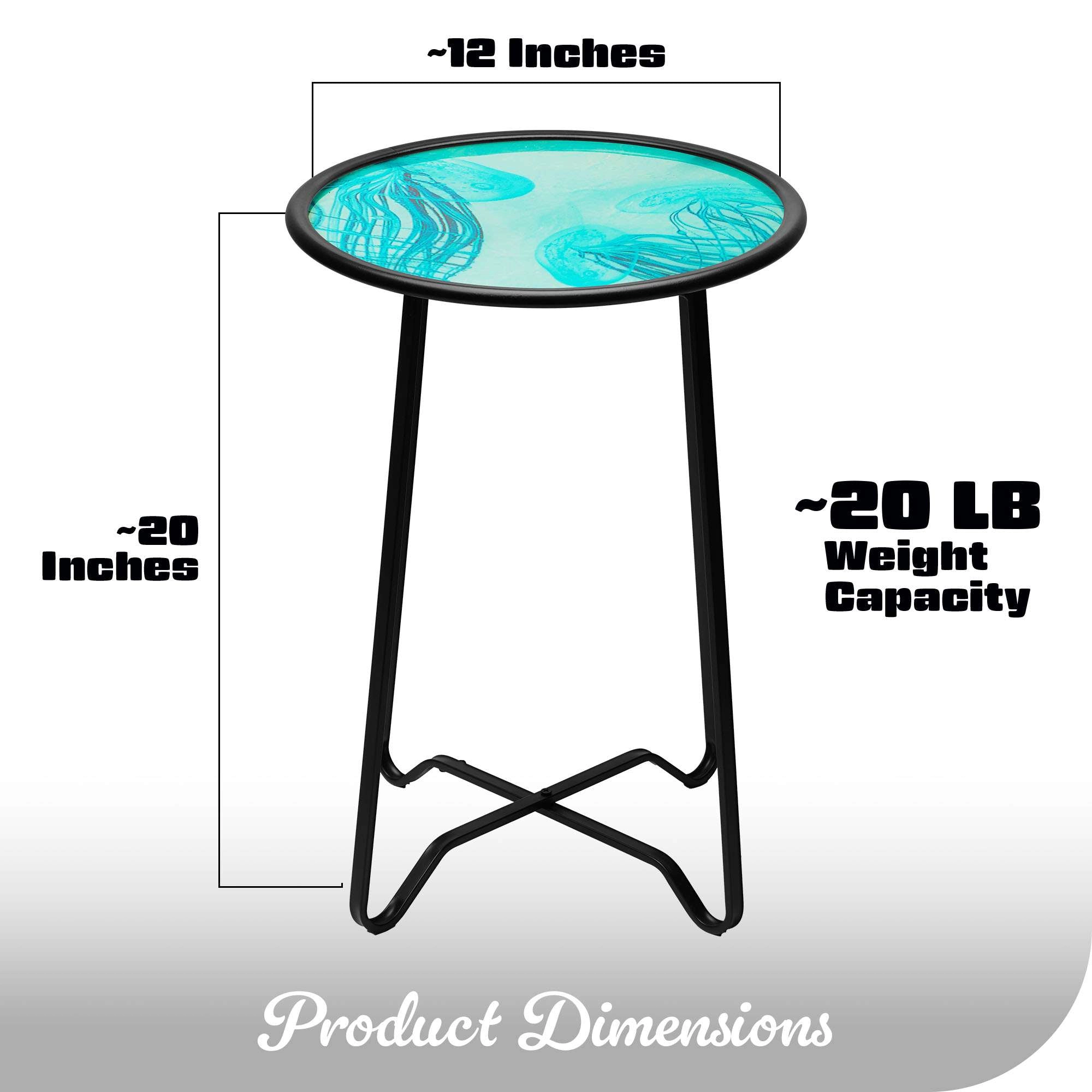G128 14 in Round Glass Outdoor Side Table, Jellyfish Ocean Pattern - Foldable Metal Plant Stand for Patio Porch Garden