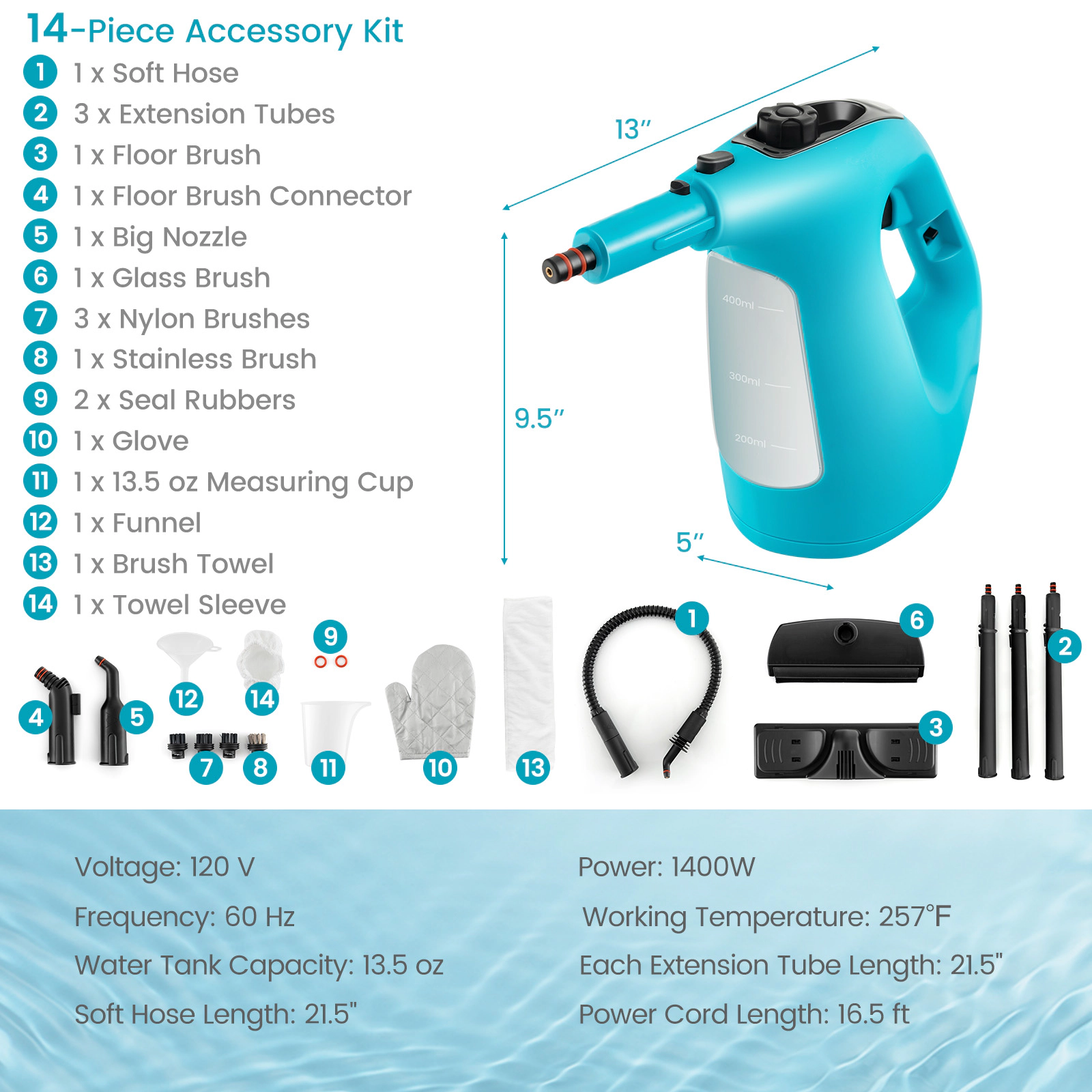 SUGIFT Blue Handheld Steam Cleaner with 14-Piece Accessory Kit and Child Lock 1400W 13-in W 5-in D 9.5-in H
