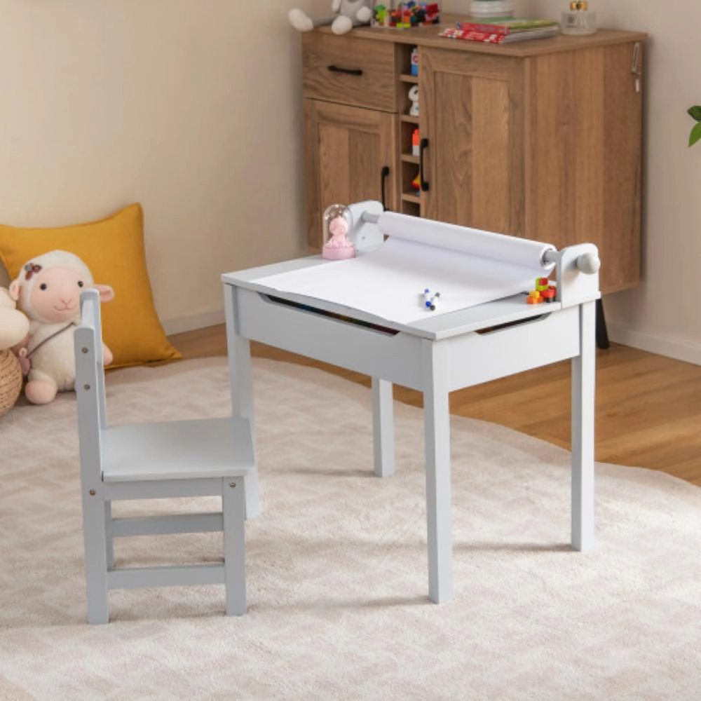 Hivvago Wooden Kids Table And Chair Set With Storage Paper Roll Holder
