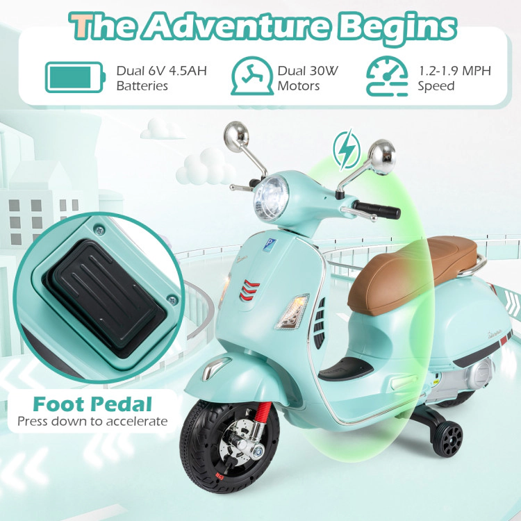 Hivvago 12V Kids Electric Motorcycle Licensed VESPA with Music and Training Wheels