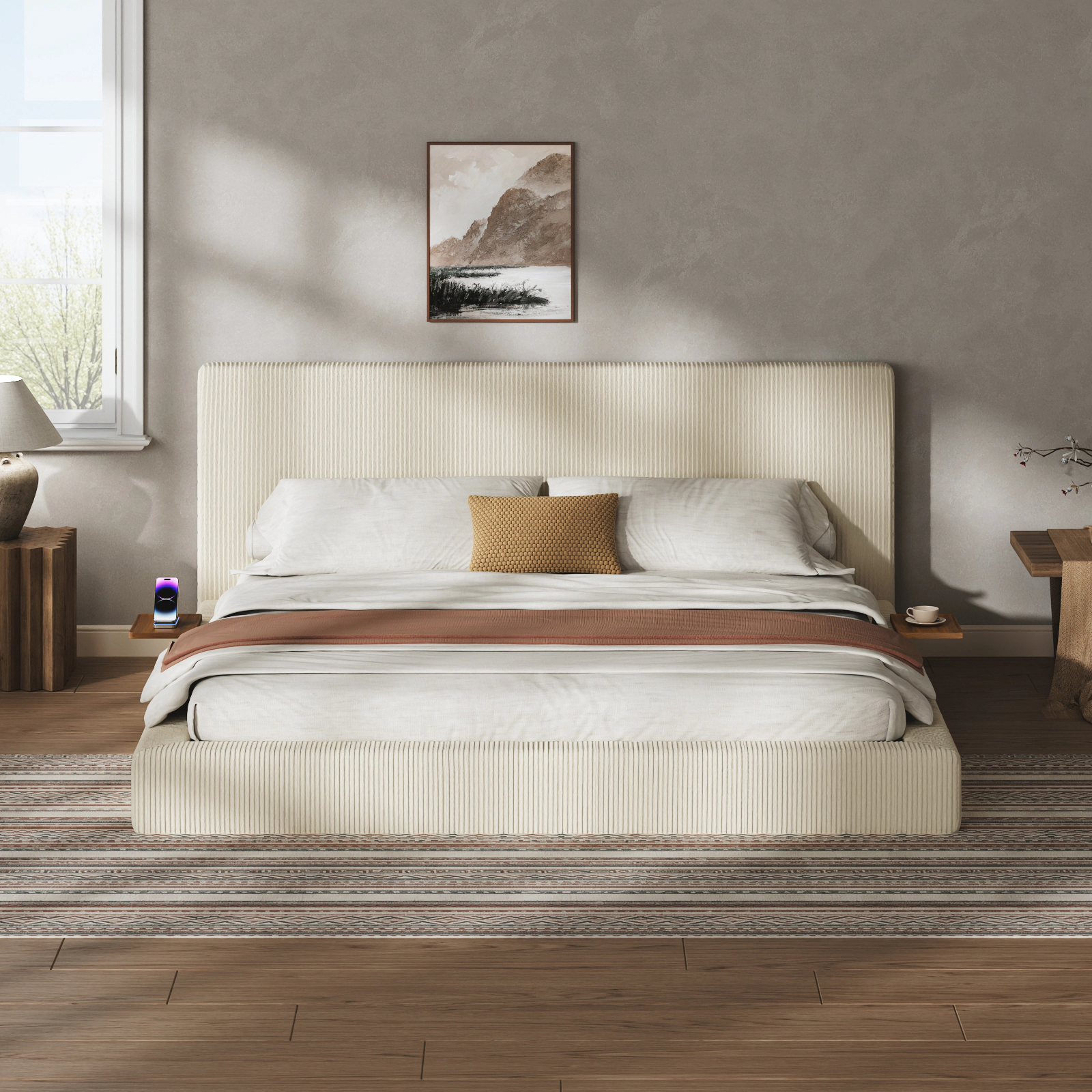 Flynama King Bed Frame with Sliding Side Table, 8.7" Cloud Upholstered Cushion, Cream White