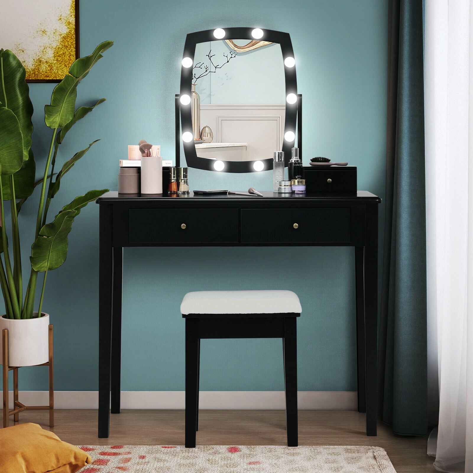 SUGIFT 4-Drawer Vanity Table Set with 360-Degree Lighted Mirror and Stool 110-lb Table 200-lb Stool Capacity Black
