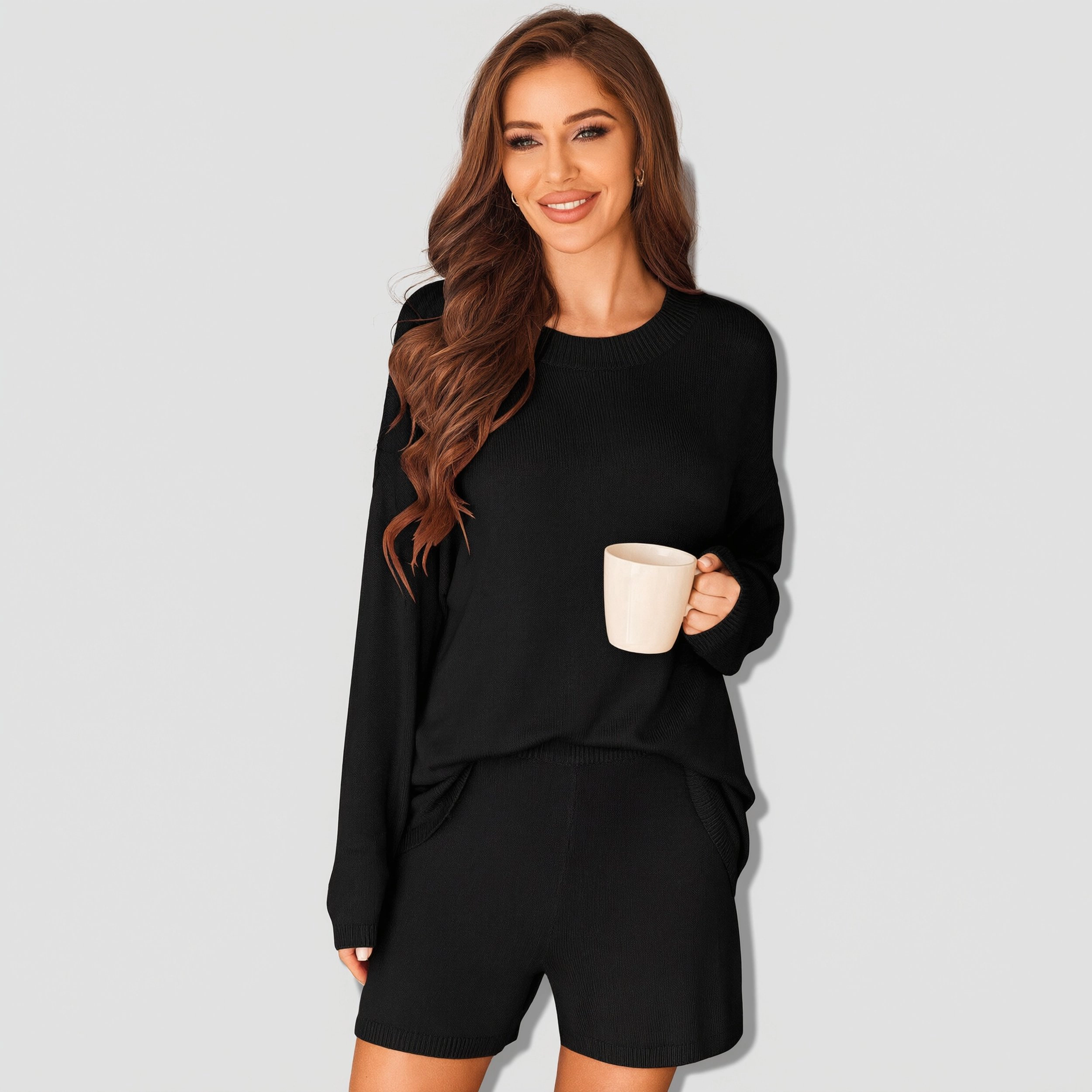 Elouaer Sweater Sets Women Two Piece Lounge Long Sleeve Knit Pullover Tops Short Wide Leg Pants
