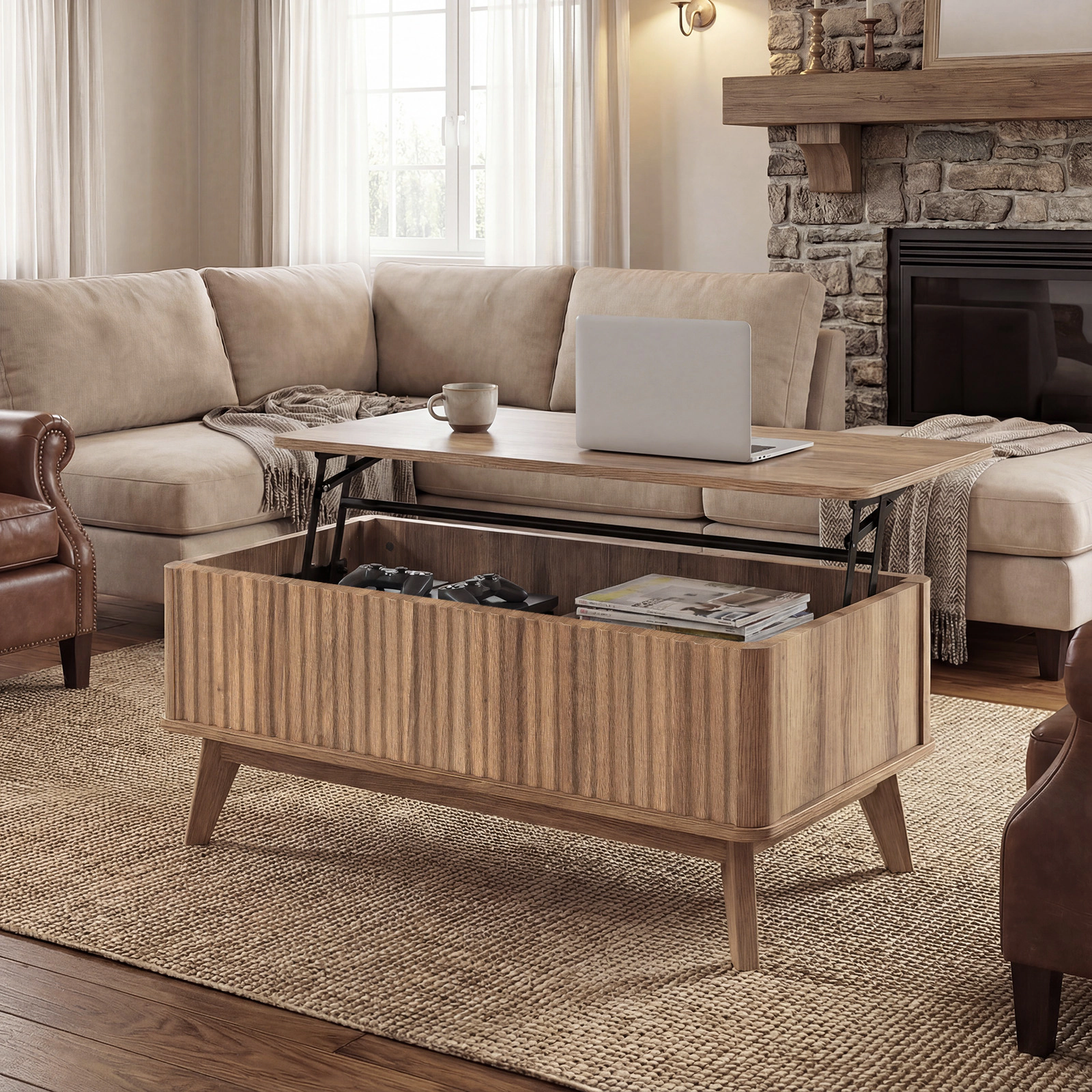 Glintex 35.5-Inch Fluted Lift-Top Coffee Table with Divided Hidden Storage, Walnut