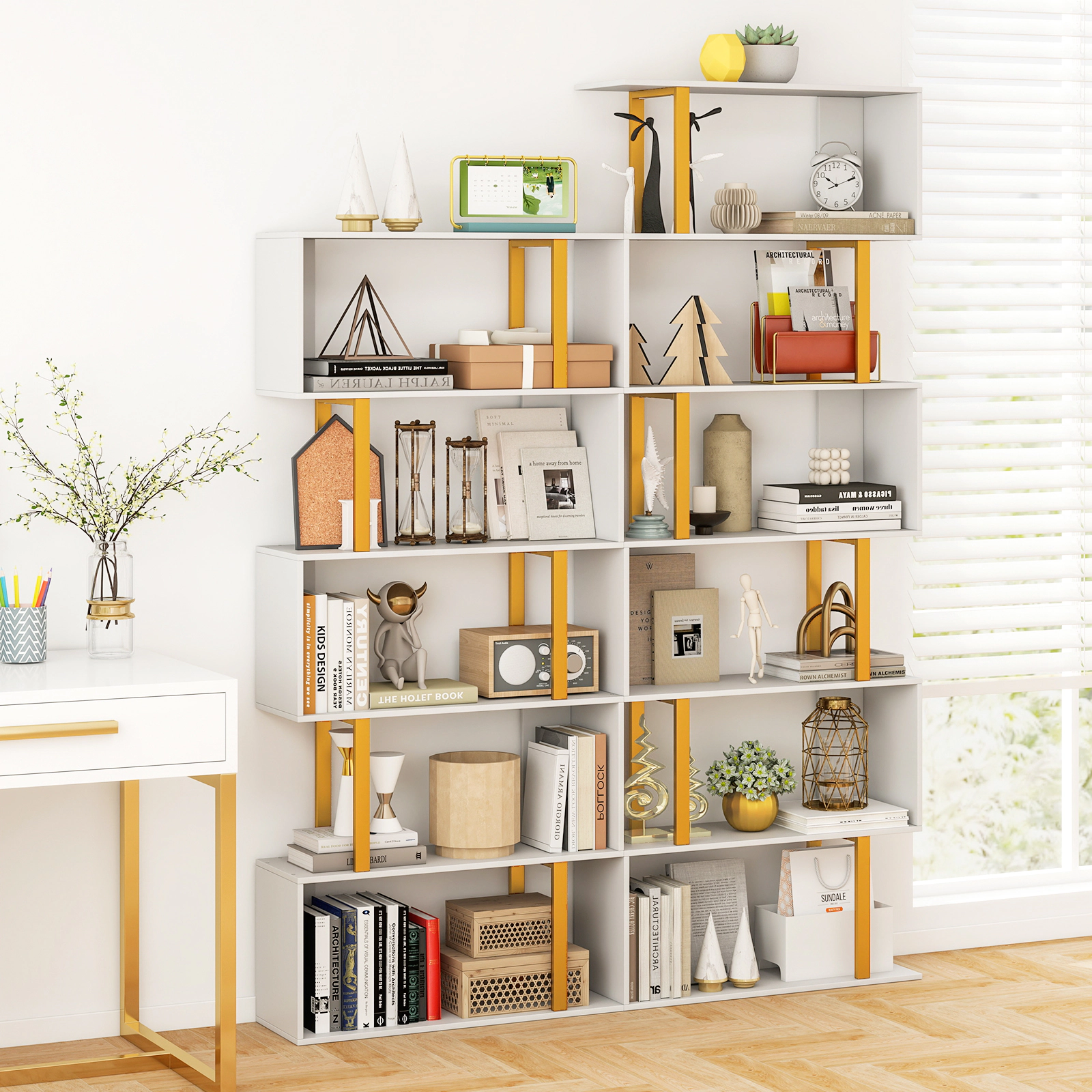 LJG 5-Tier/6-Tier Geometric Bookcase with Metal Frame and Anti-Tipping Kits