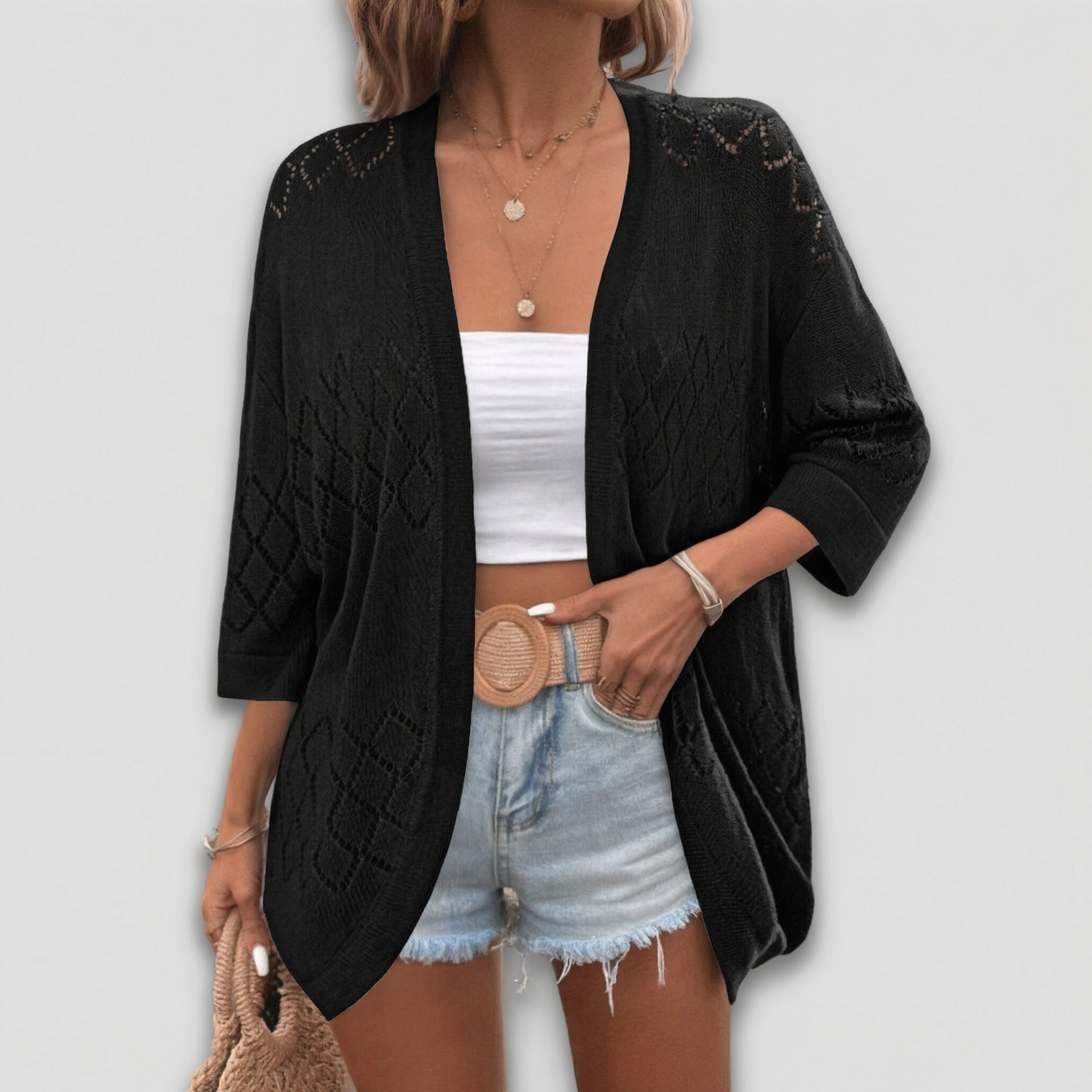 Zeagoo Women's Open Front 3/4 Sleeve Crochet Knit Cardigan