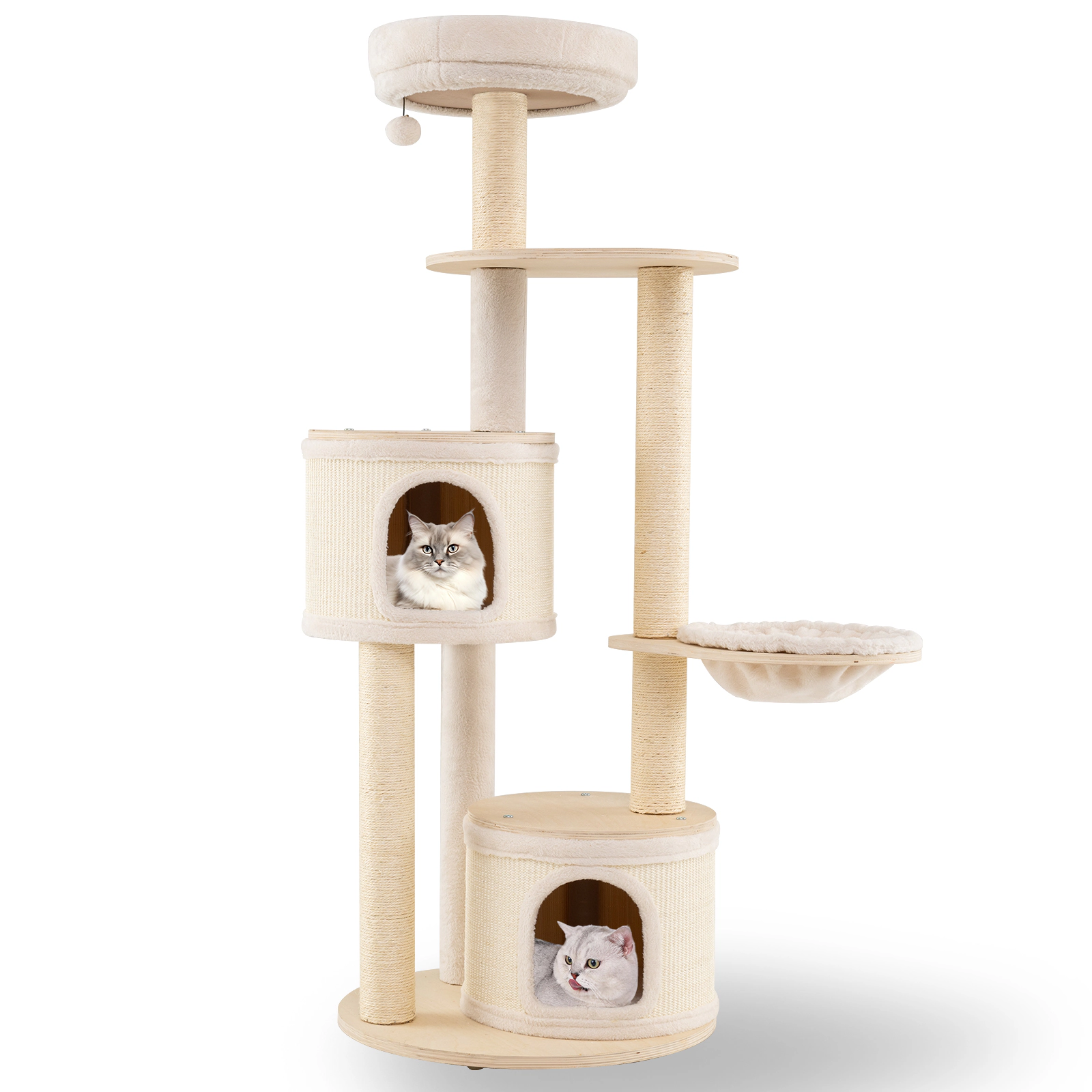 SUGIFT Natural 60 in Wooden Kitten Tower with 2 Condos Basket and Sisal Posts