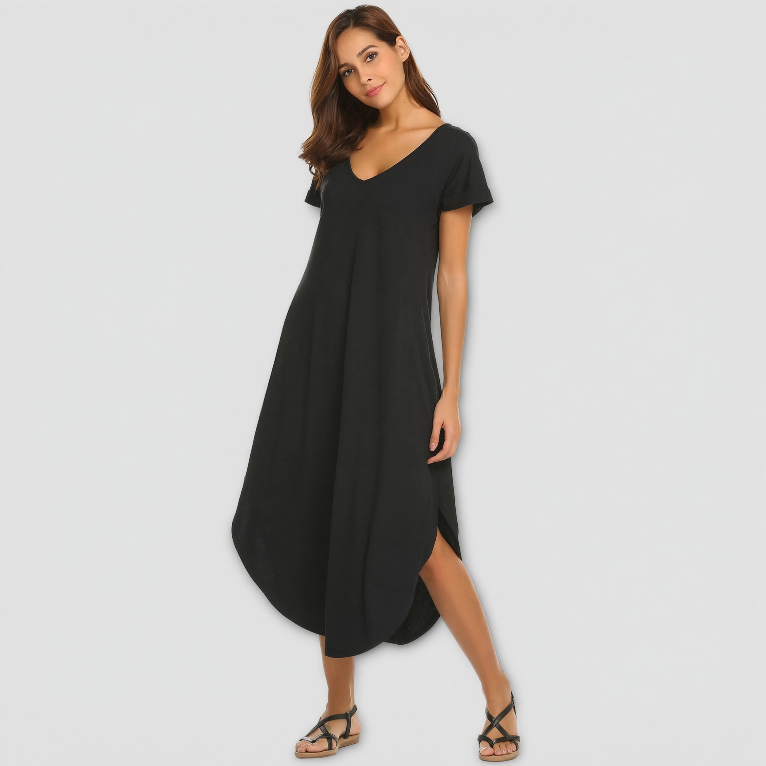 Ekouaer Long Nightgowns for Women Short Sleeve House Dress with Pockets V Neck Sleepshirts Side