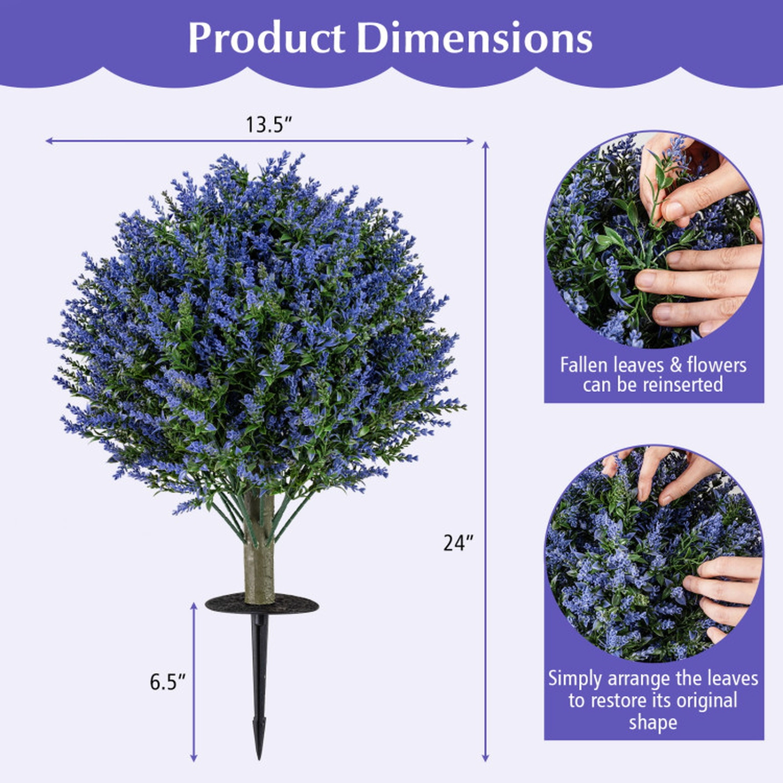 SUGIFT Set of 2 Artificial Lavender Topiary Ball Trees with Ground Spikes 13.5 x 24-in PE Construction Purple + Green
