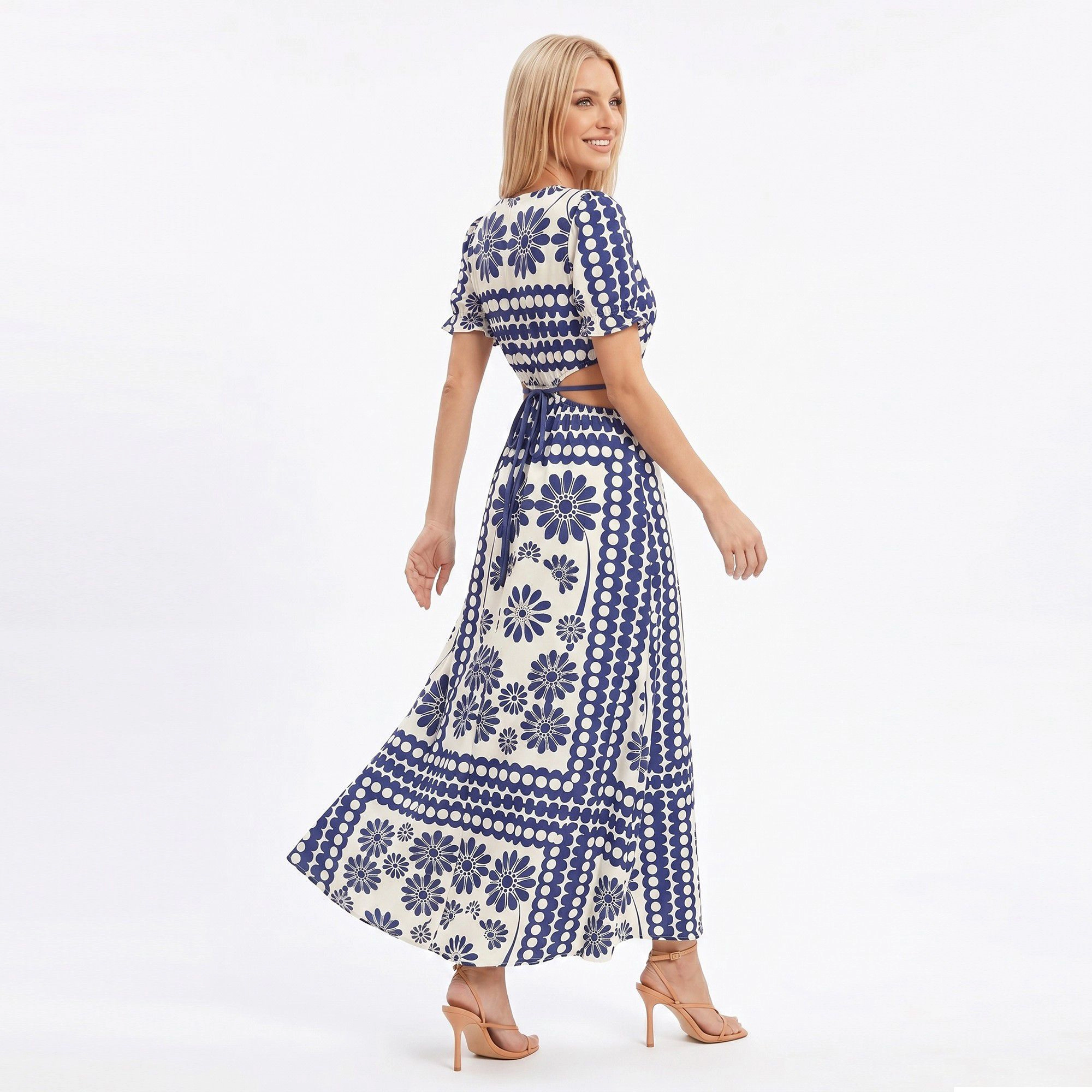 Anna-Kaci Women's Navy Paisley Cutout Maxi Dress with Tie Waist and Short Sleeves