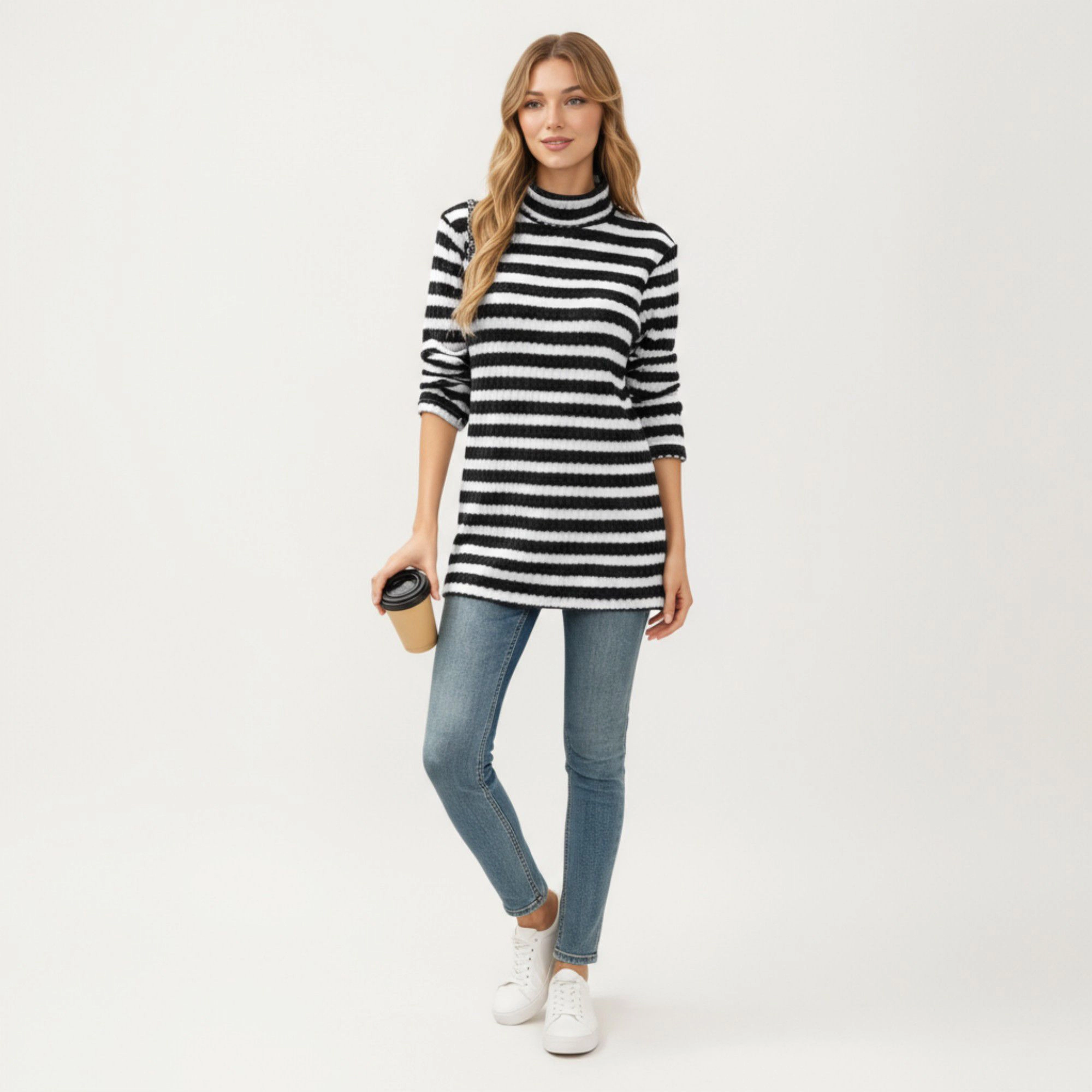 Anna-Kaci Women's Striped Ribbed Turtleneck Tunic Length Relaxed Fit Long Sleeve Pullover Top