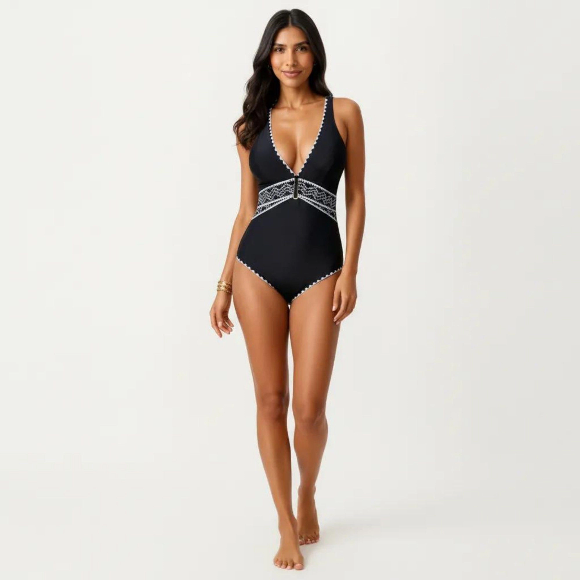 Anna-Kaci Women One Piece Swimsuit - Deep V Neck, Textured Waistband, Contrast Trim