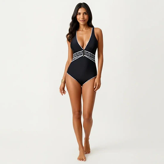 Anna-Kaci Women's One-Piece Swimsuit with Deep V Neckline Textured Waistband and Contrast Trim