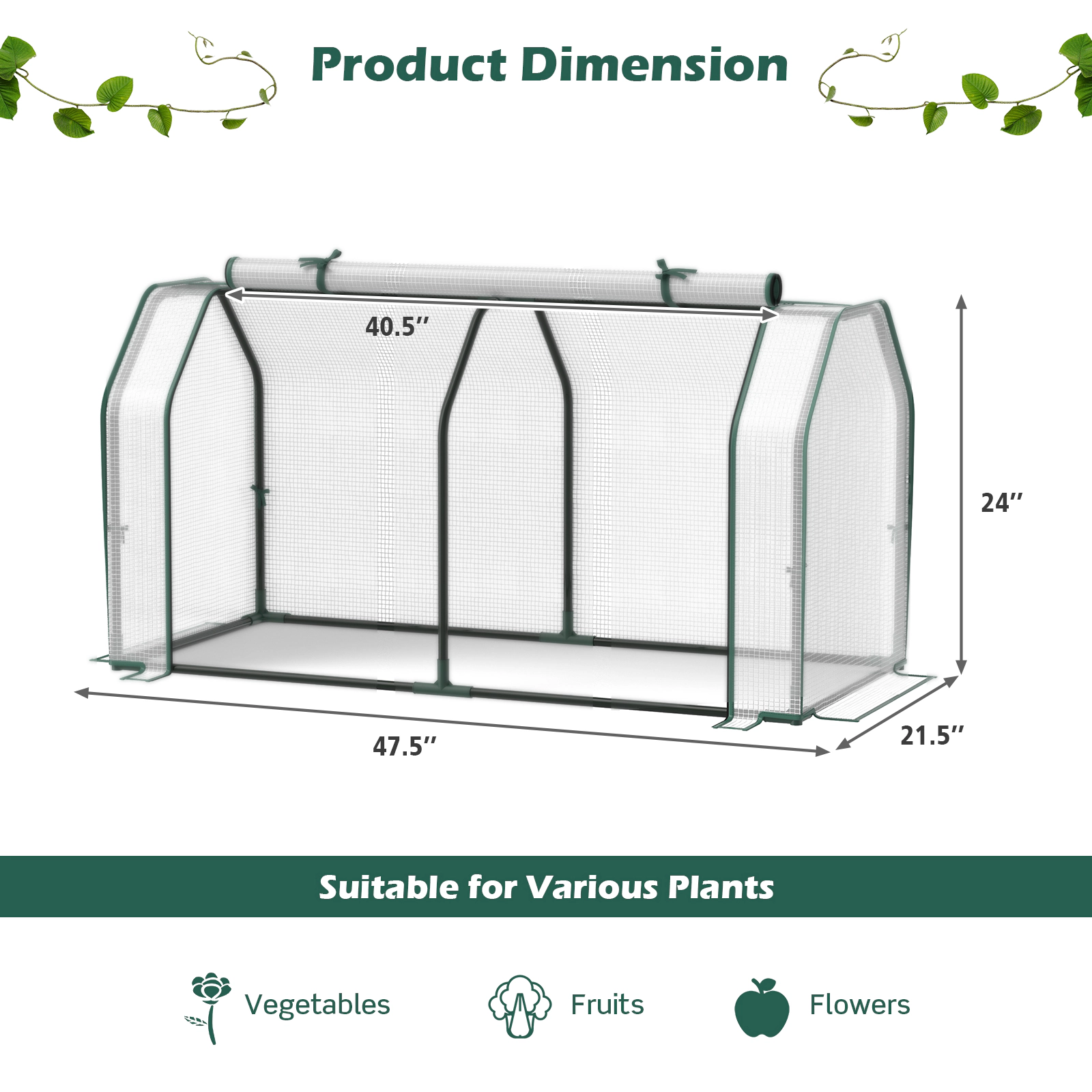 SUGIFT 47-in Mini Greenhouse Outdoor Small Grow House with Roll-Up Zipper Door 6 Stakes and PE Cover