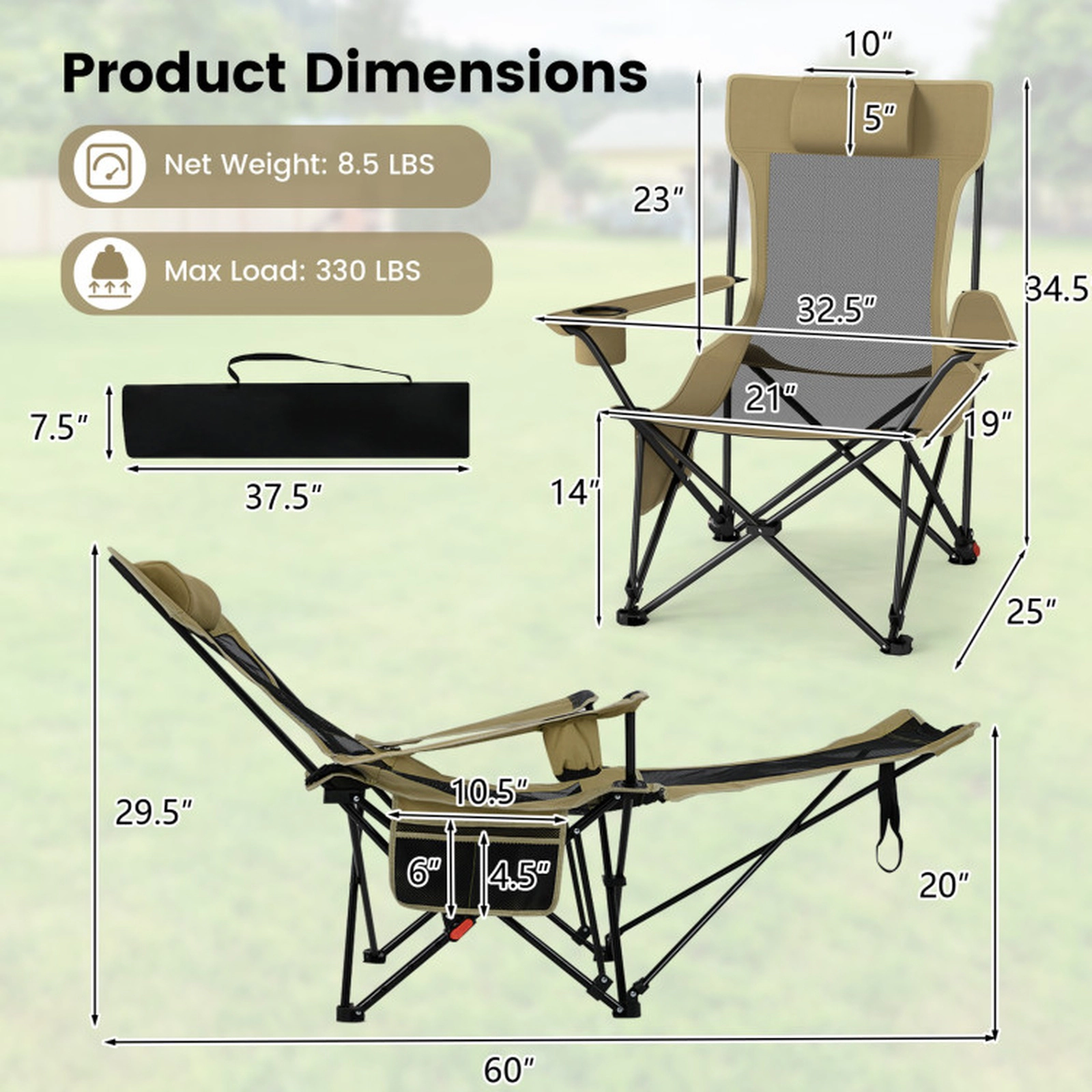 SUGIFT Reclining Camping Chair with Removable Footrest and 4-Position Backrest 330-lb Capacity Gray/Green