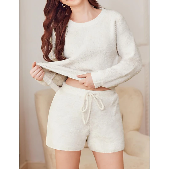 Ekouaer Fuzzy Fleece Pajamas 2 Piece Warm Soft Lounge Set Long Sleeve Sweater Top and Shorts