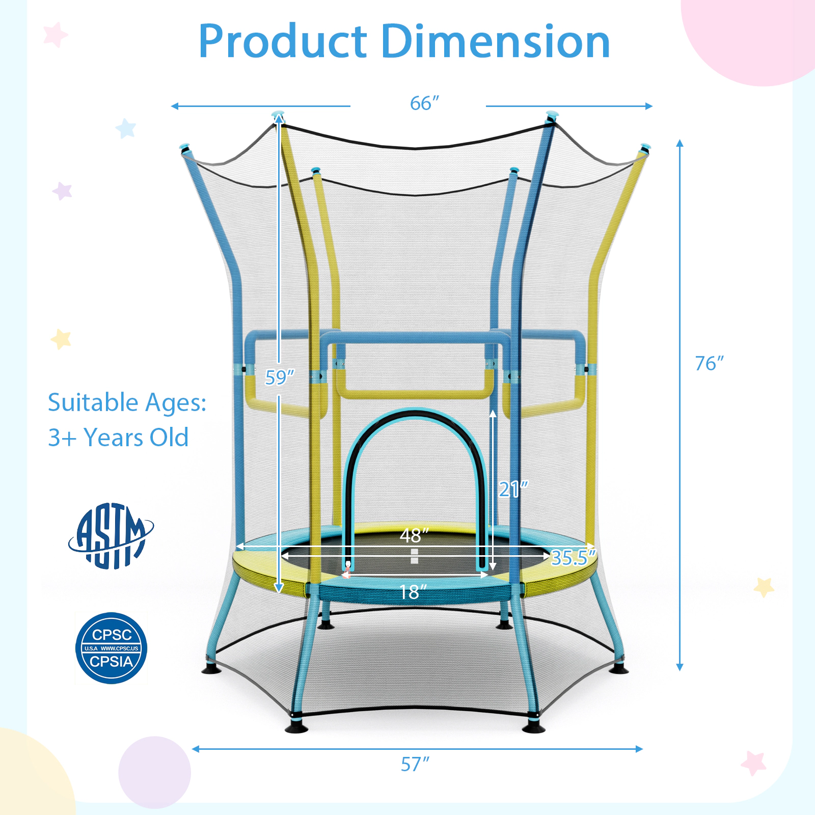 SUGIFT Mini Trampoline for Kids with Safety Enclosure Net, Foam Handles and Zipper Door 180-lb Capacity Ages 3-6 Yellow