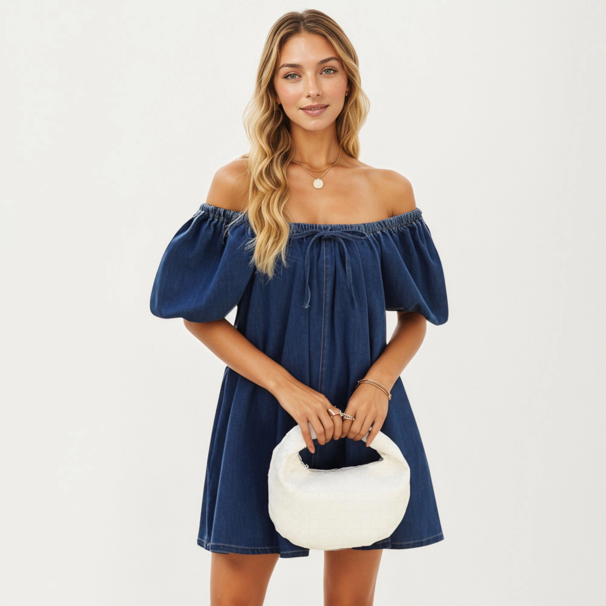 Anna-Kaci Women's Puff Sleeve Denim A-Line Babydoll Dress