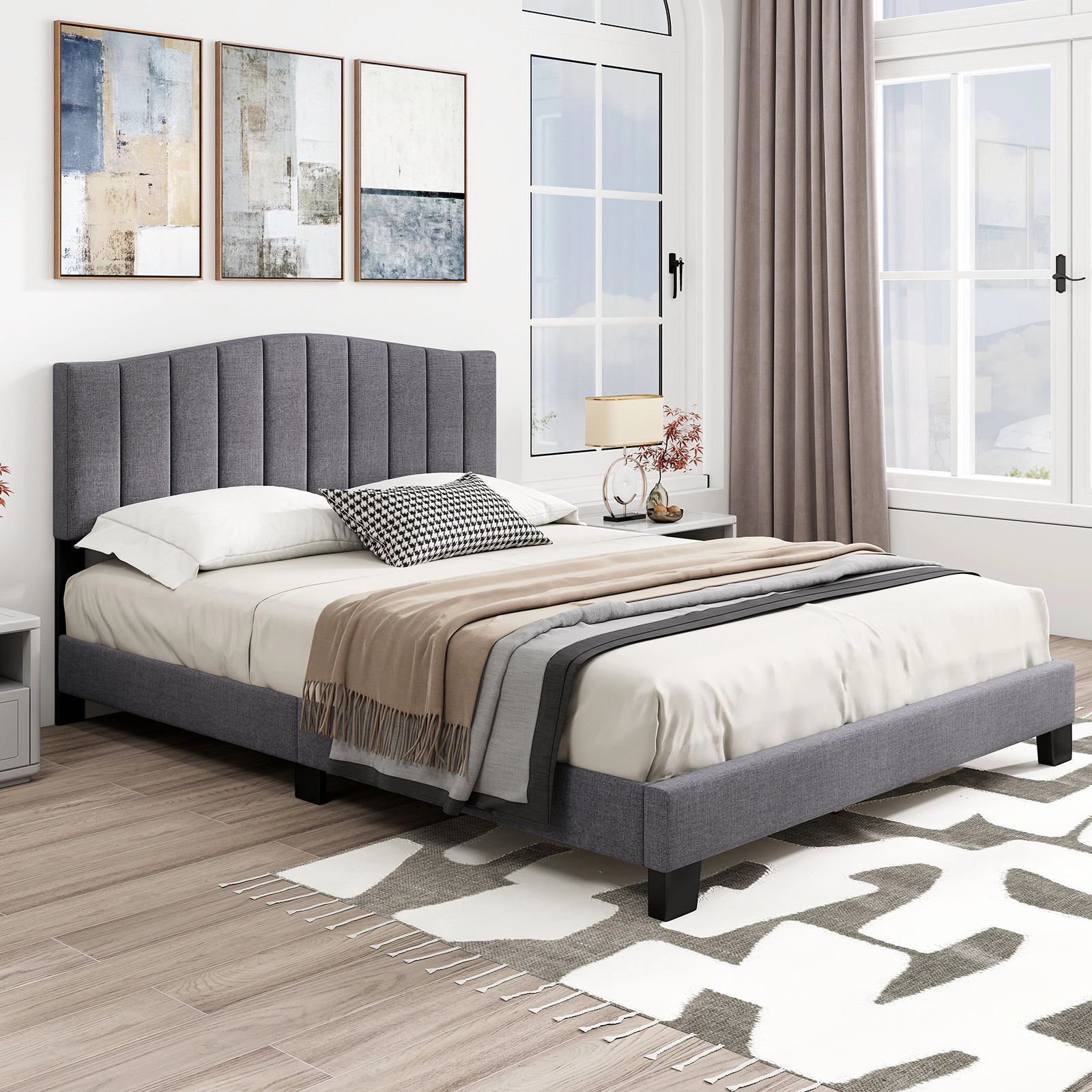 SUGIFT Modern Upholstered Queen Bed Frame with Adjustable Vertical Channel Tufted Headboard 770-lb Capacity Gray + Black